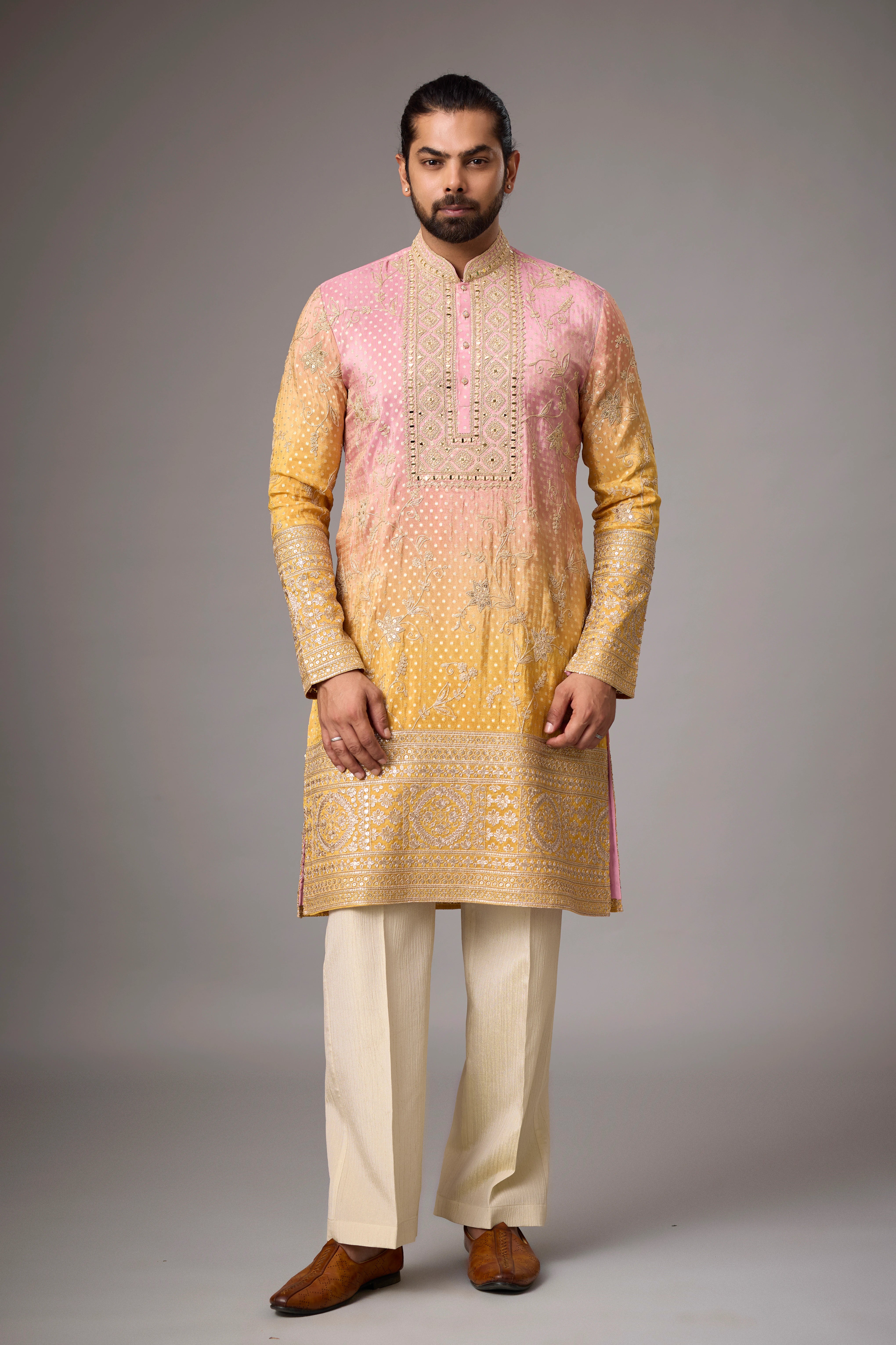 Blush Gold Heritage Embroidered Kurta Set for Men | Mahavir NX