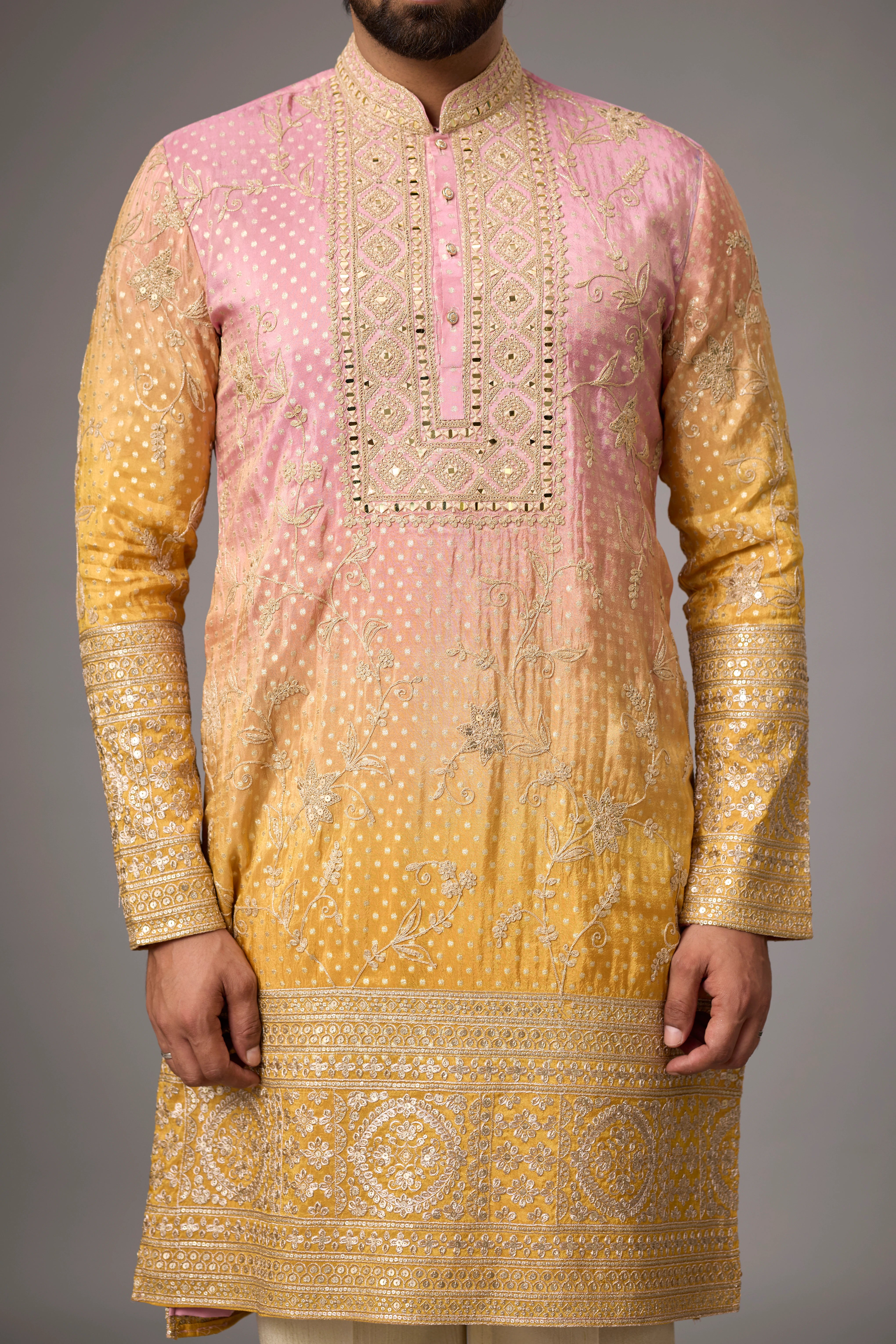 Designer Gold Embroidered Ethnic Kurta – Side View | Mahavir NX