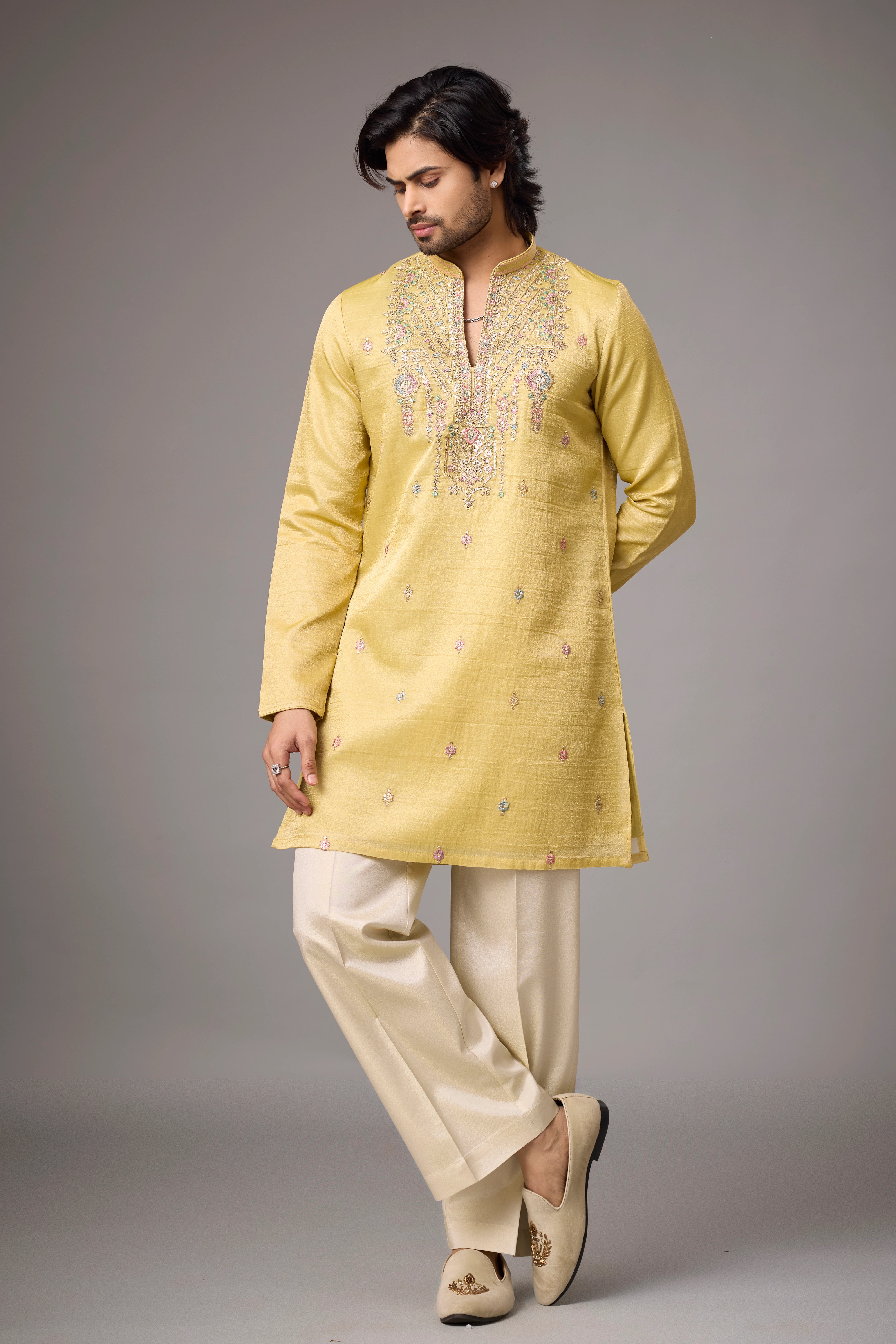 Golden Yellow Heritage Embroidered Kurta