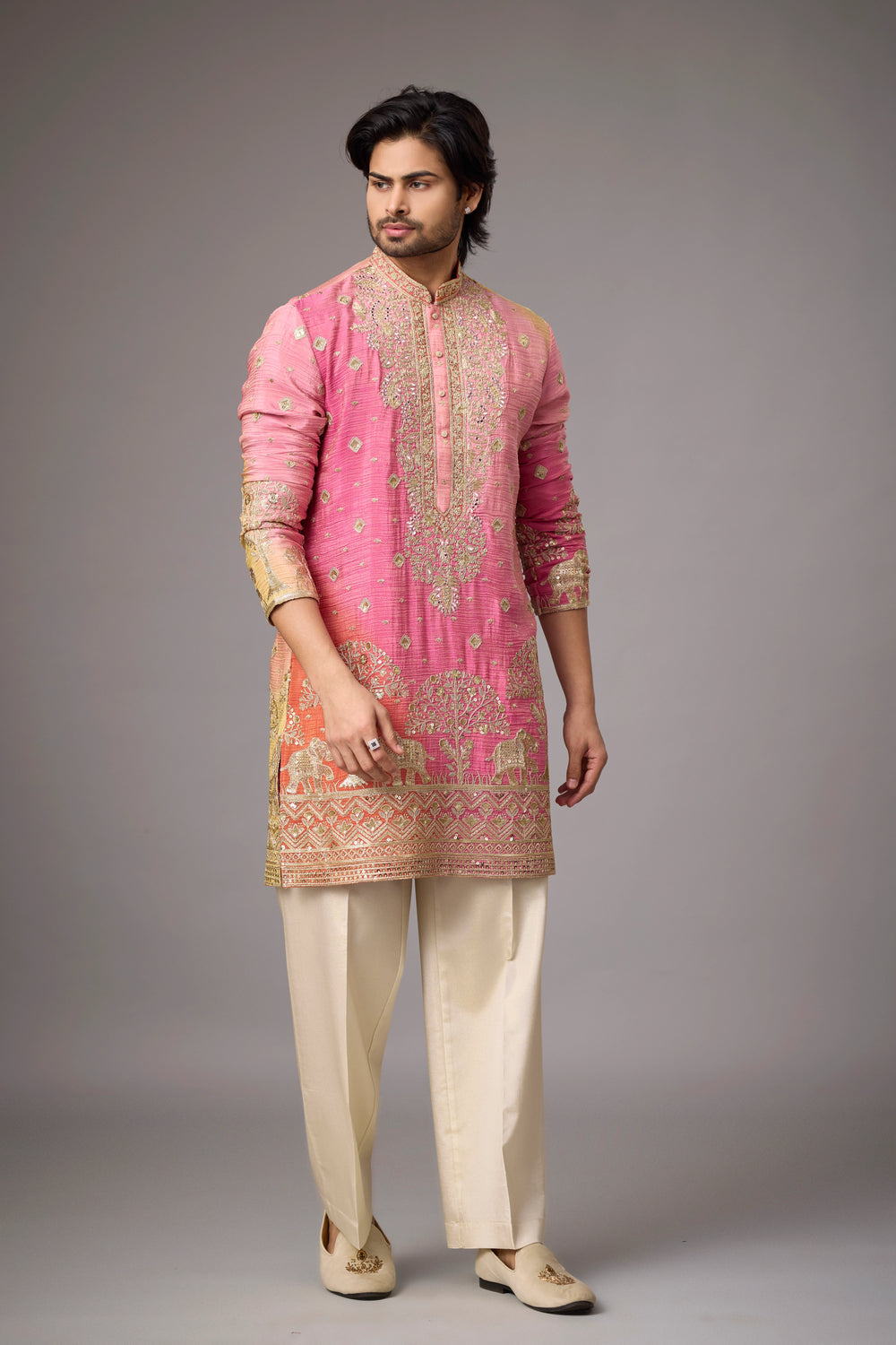 Rose Pink Heritage Story Embroidered Kurta Set for Men | Mahavir NX