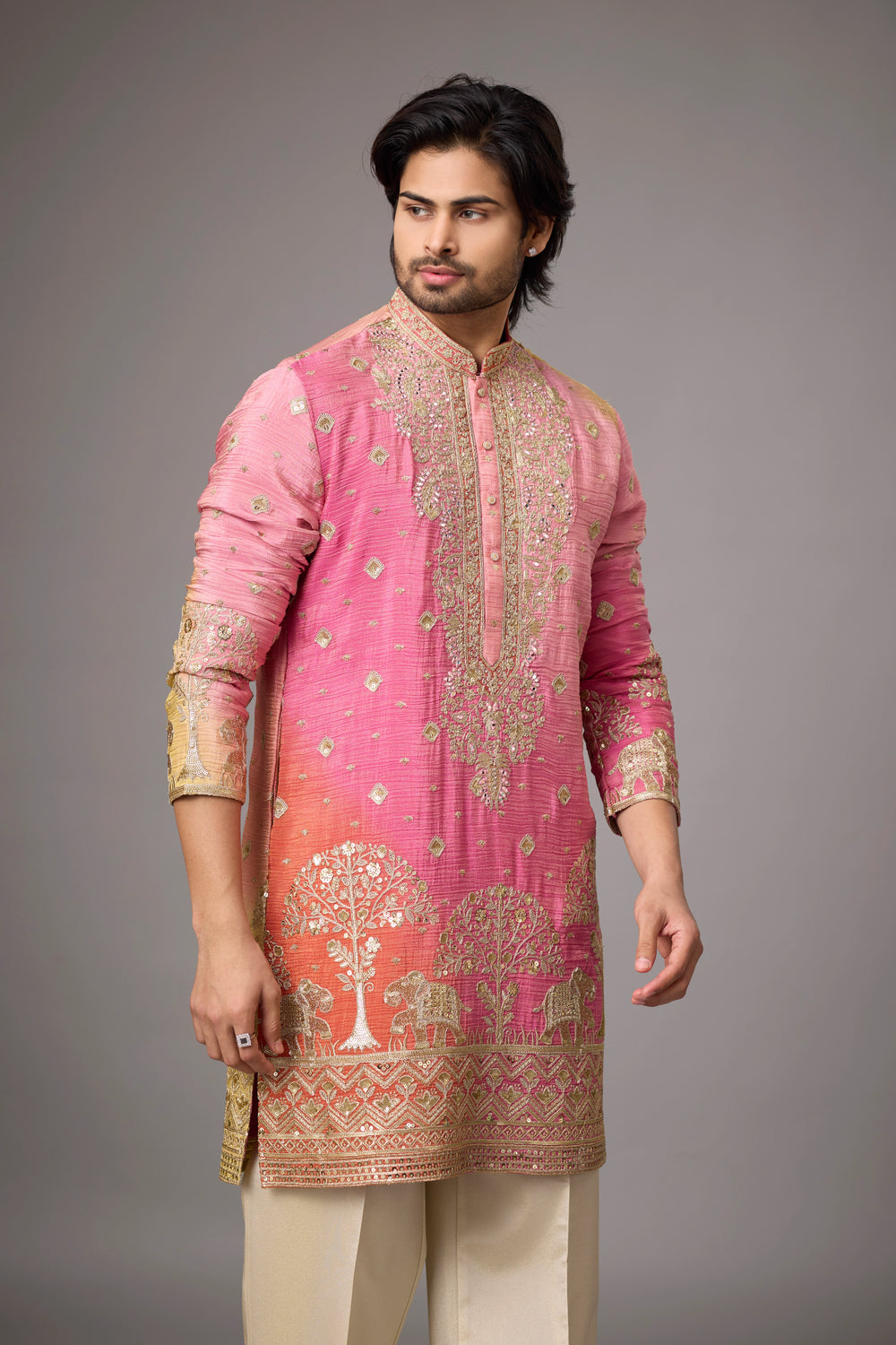 Rose Pink Heritage Kurta Pajama Set for Men – Front View | Mahavir NX