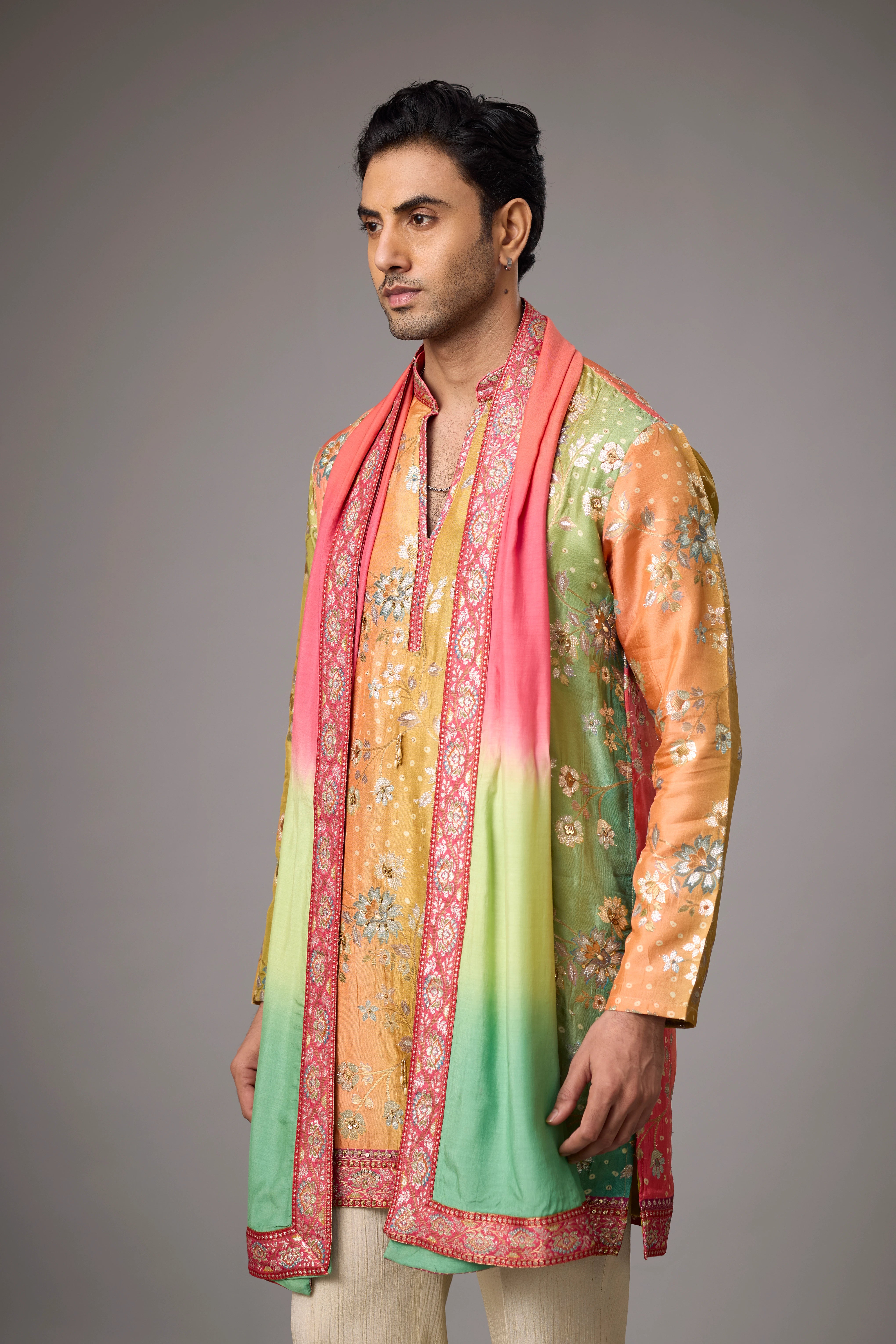 Mustard Heritage Floral Kurta Set with Multicolour Stole