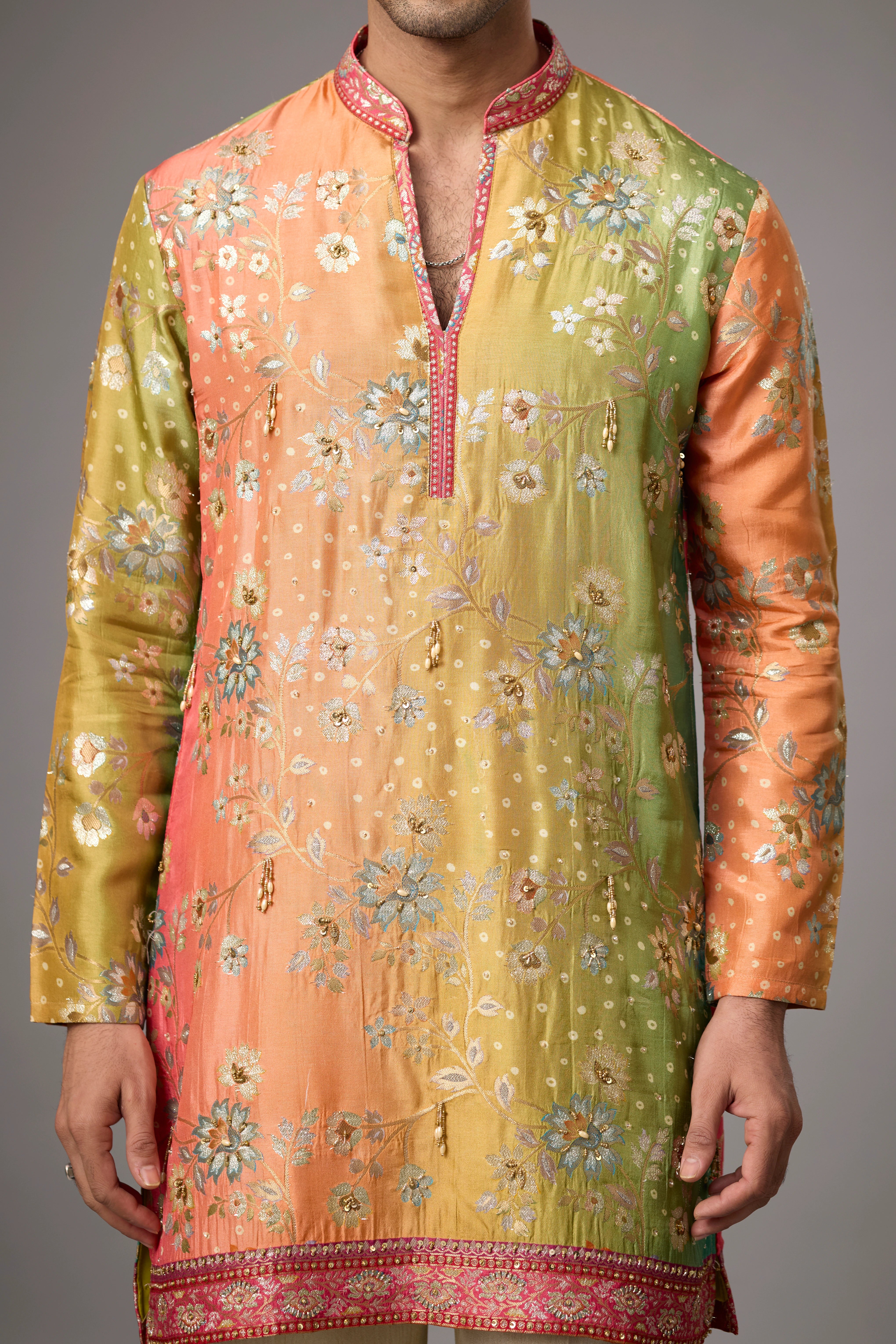 Mustard Heritage Floral Kurta Set with Multicolour Stole