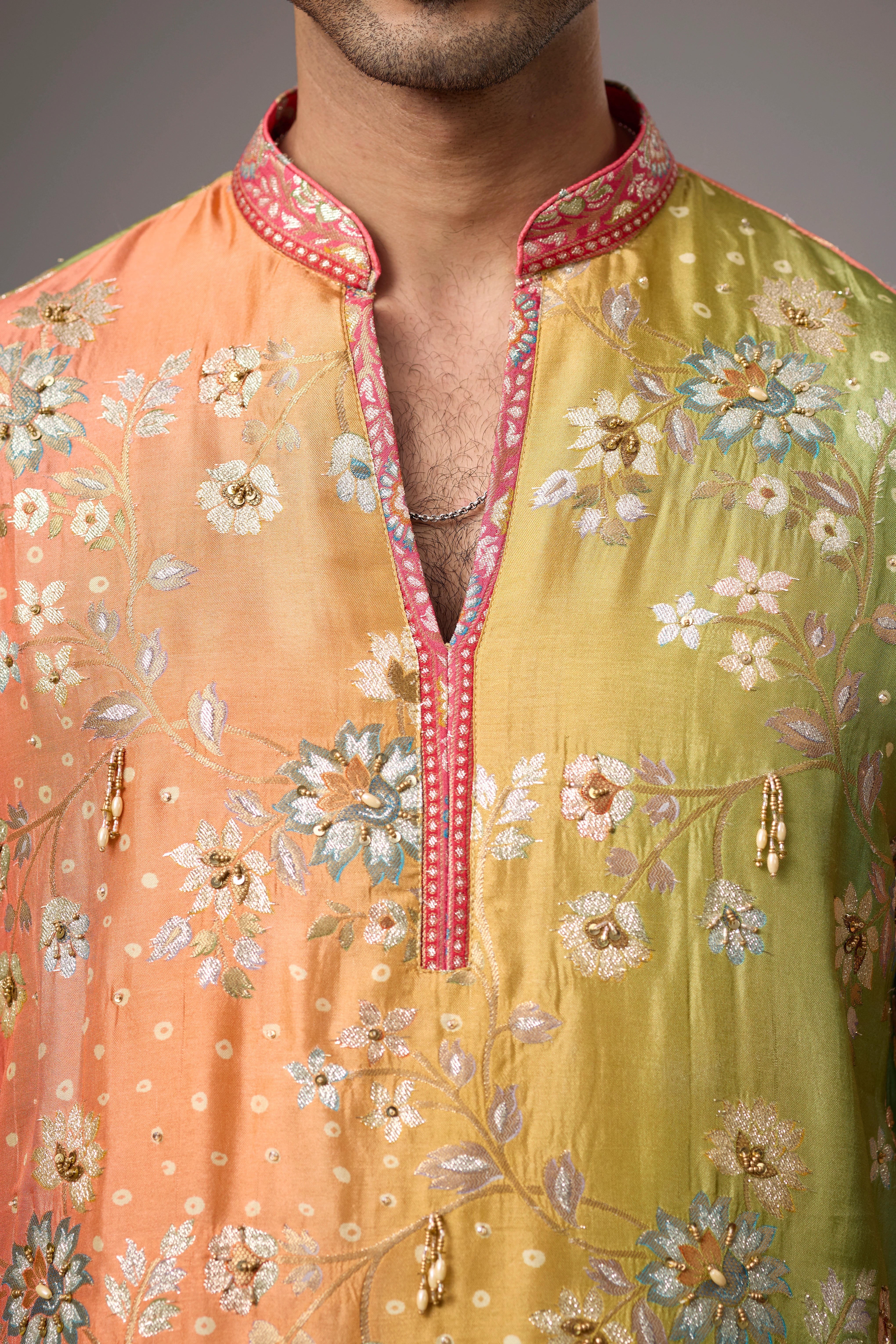 Mustard Heritage Floral Kurta Set with Multicolour Stole