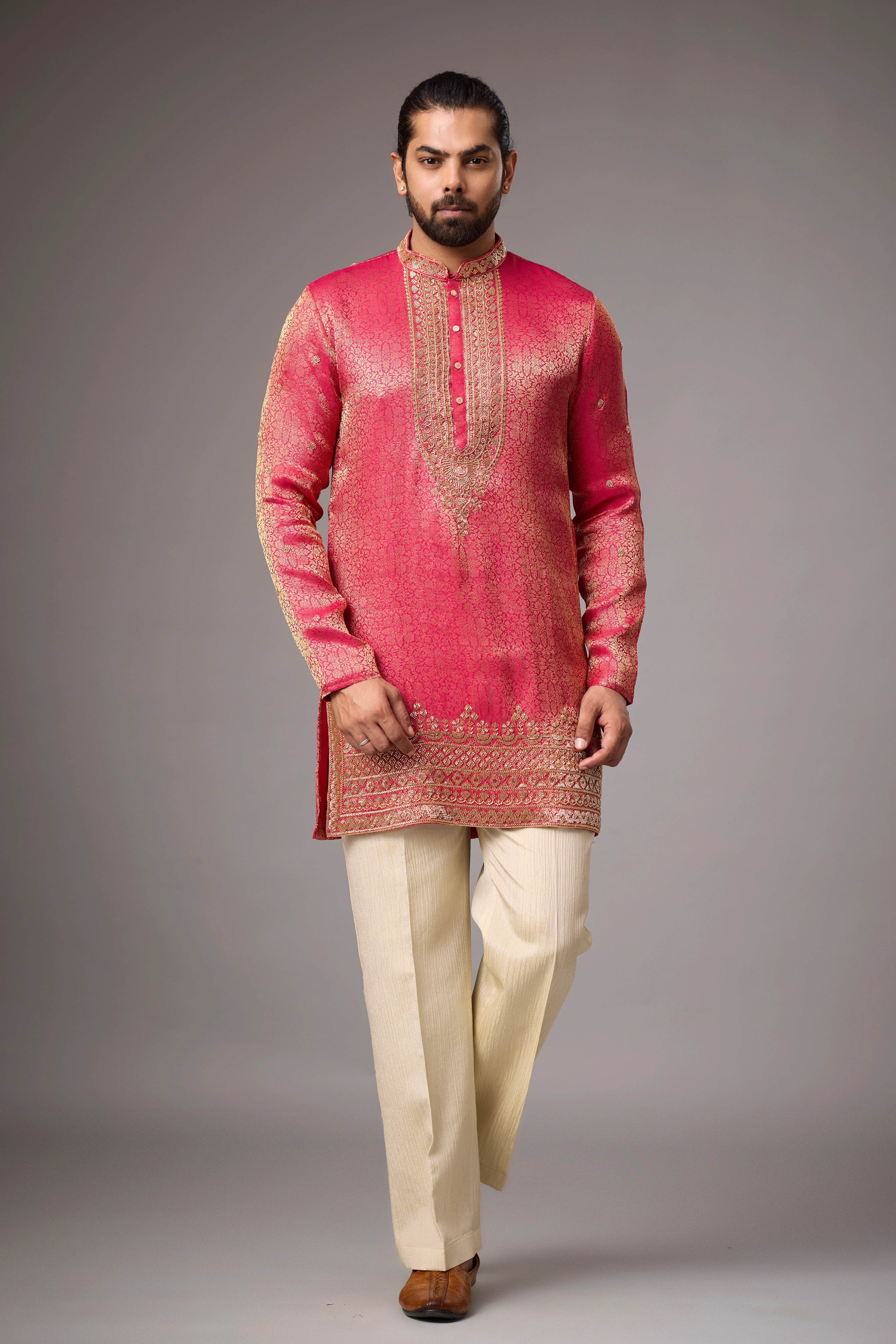 Coral Pink Regal Brocade Kurta Set