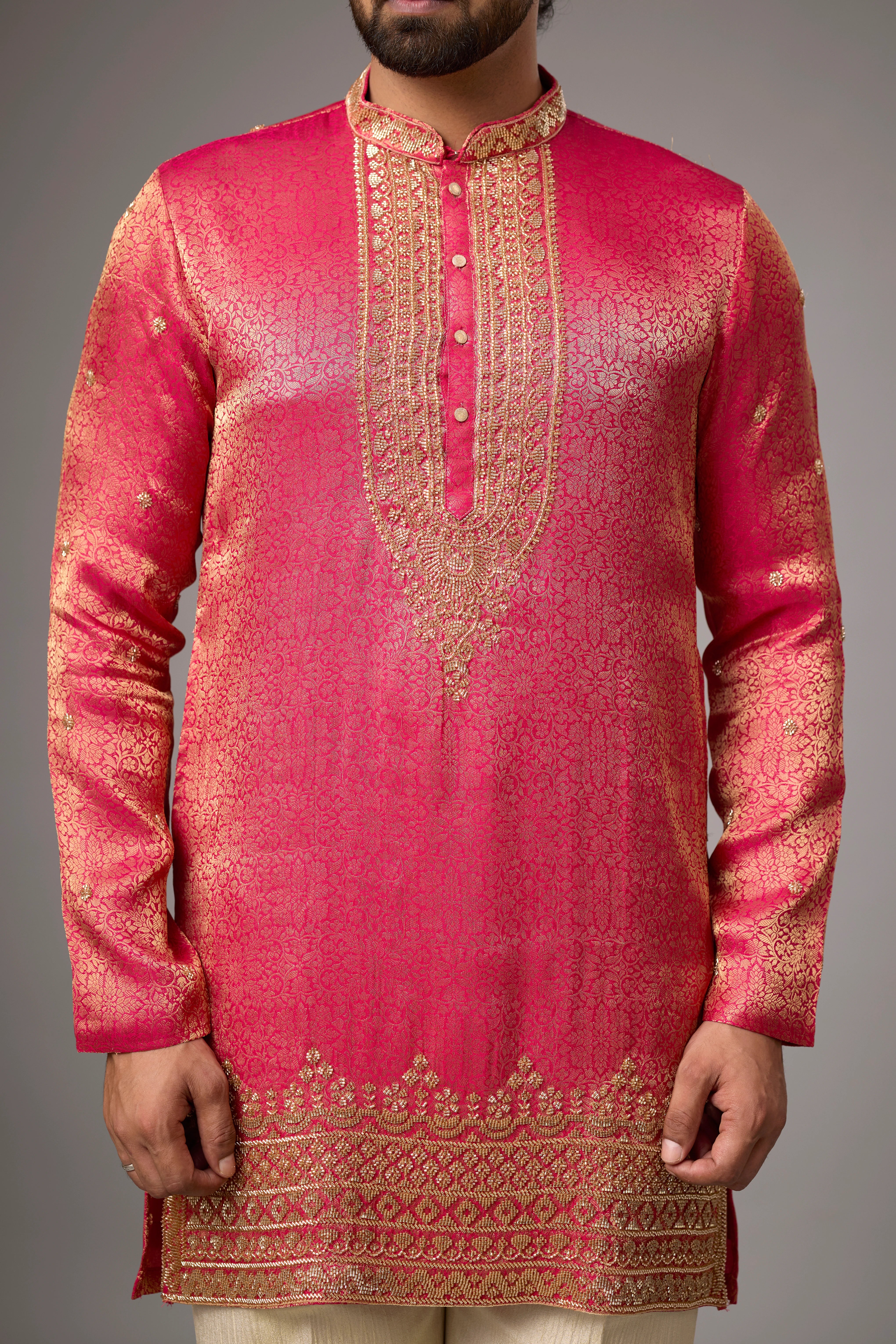 Coral Pink Regal Brocade Kurta Set