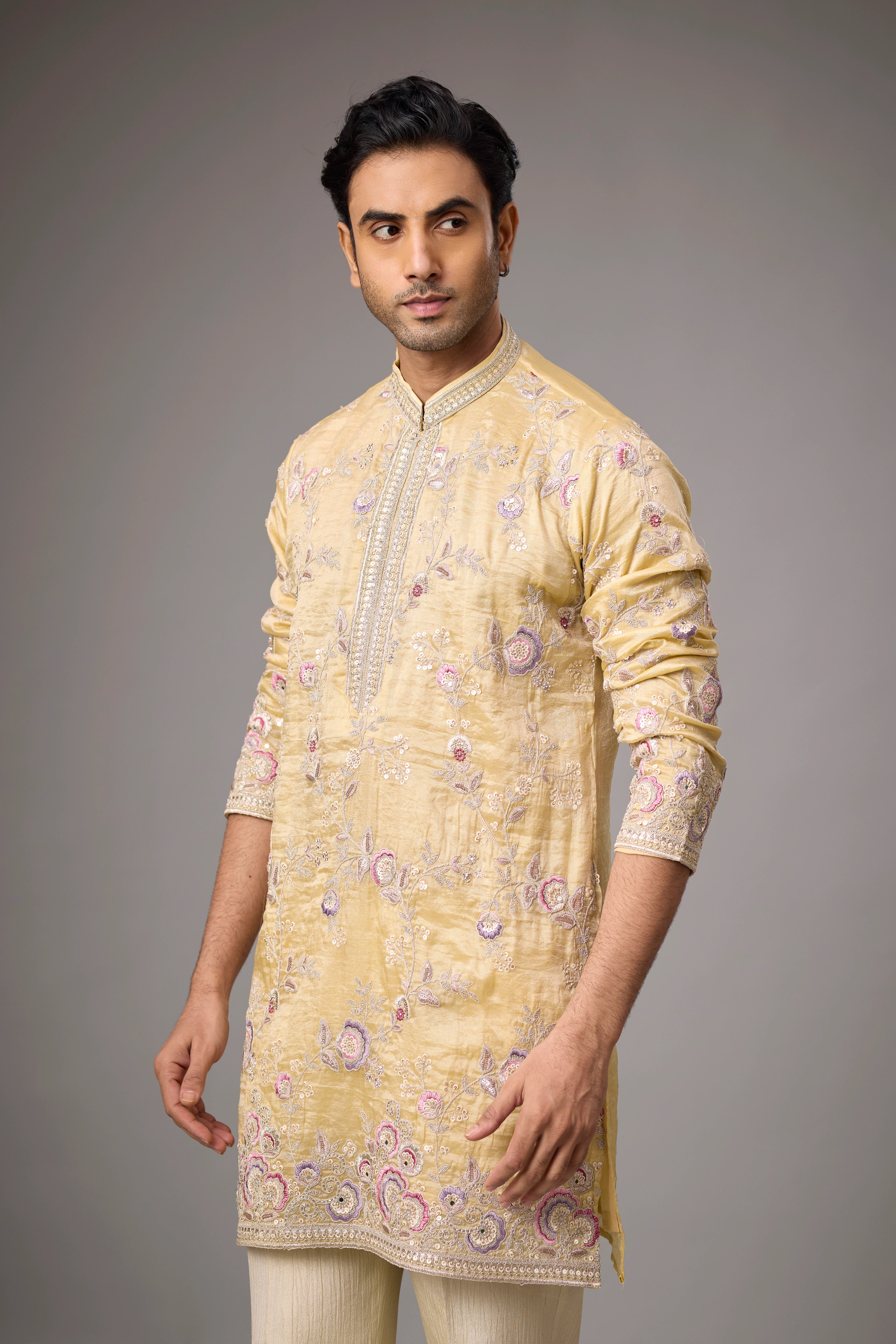 Champagne Gold Floral Embroidered Kurta Set