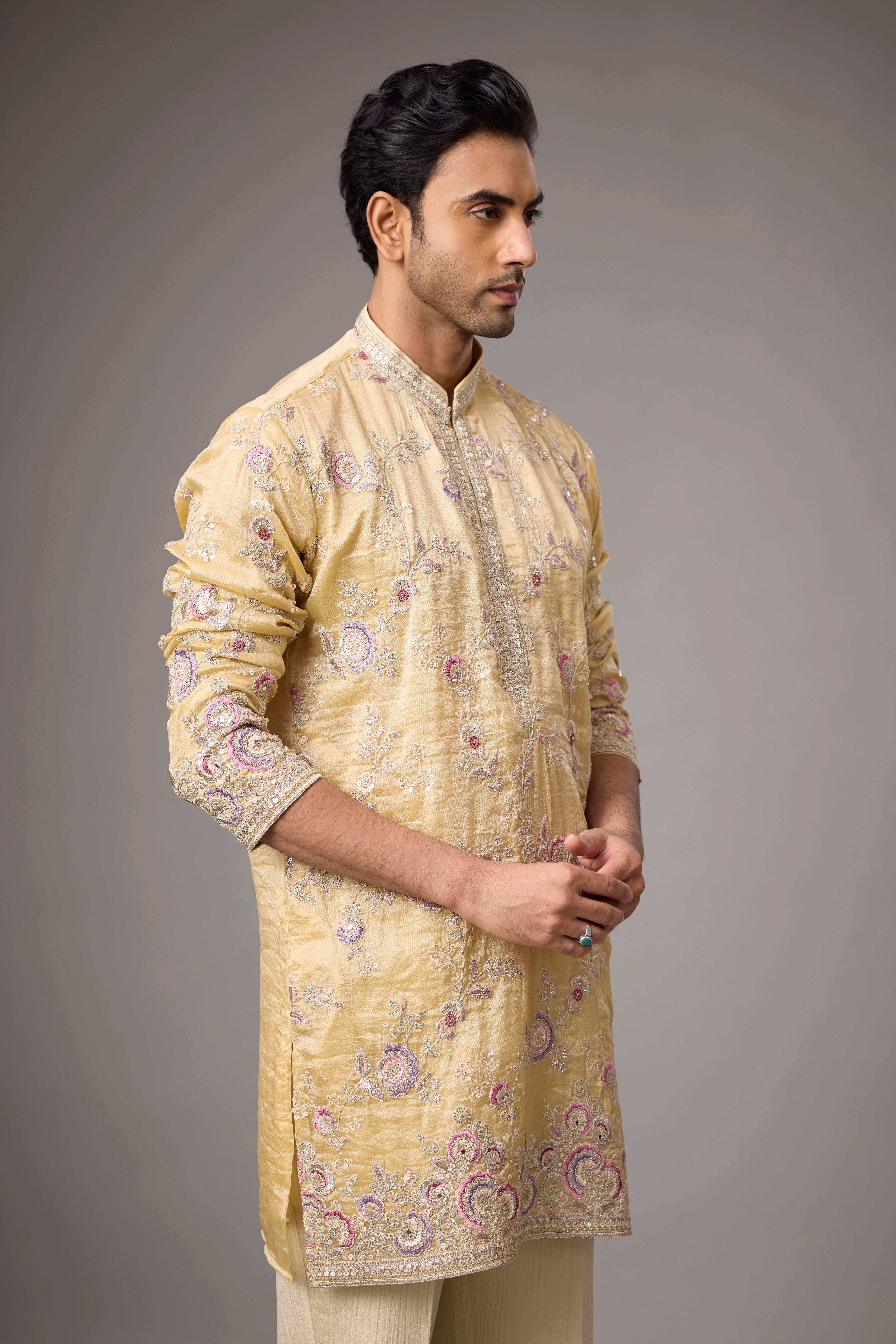 Champagne Gold Floral Embroidered Kurta Set