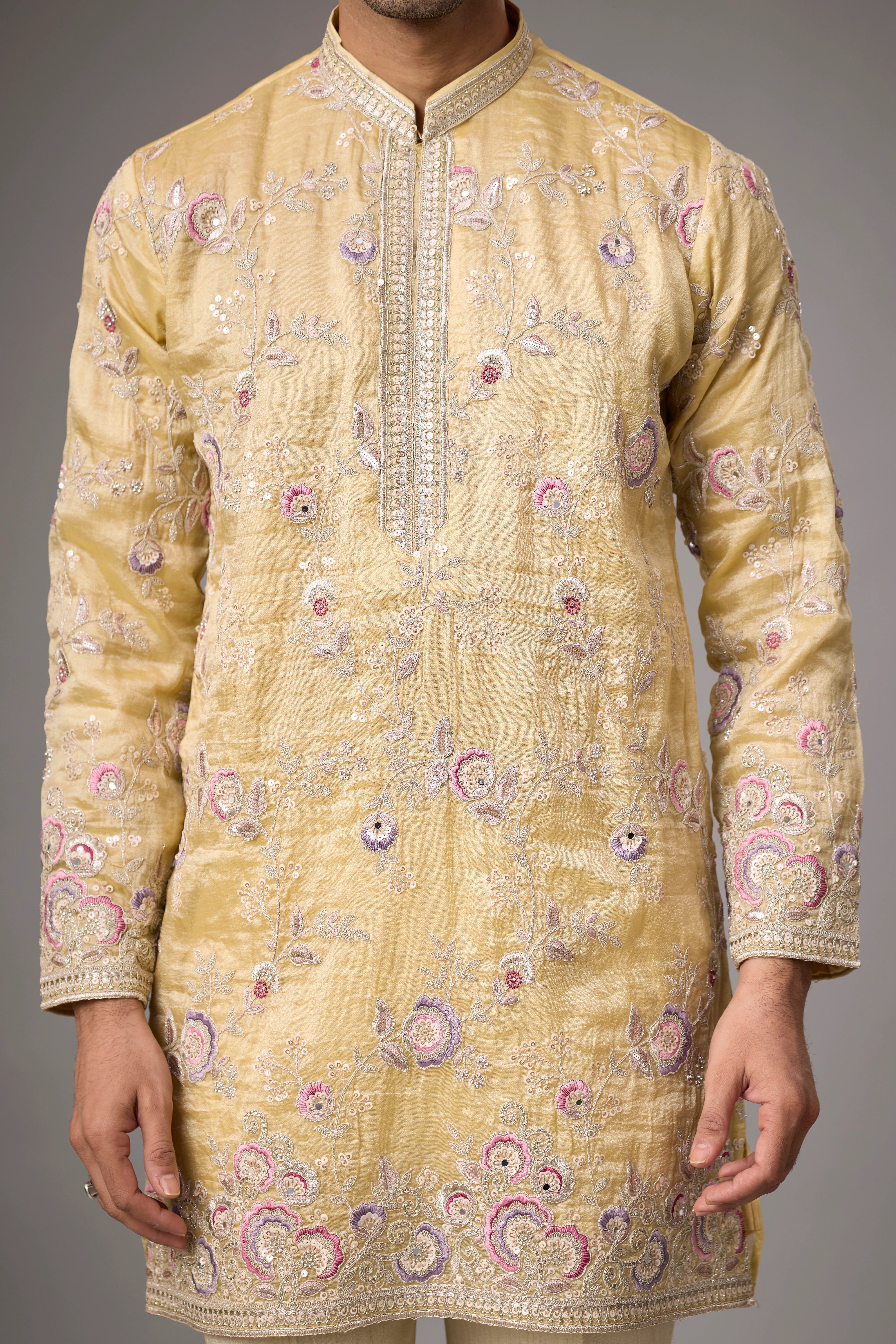Champagne Gold Floral Embroidered Kurta Set