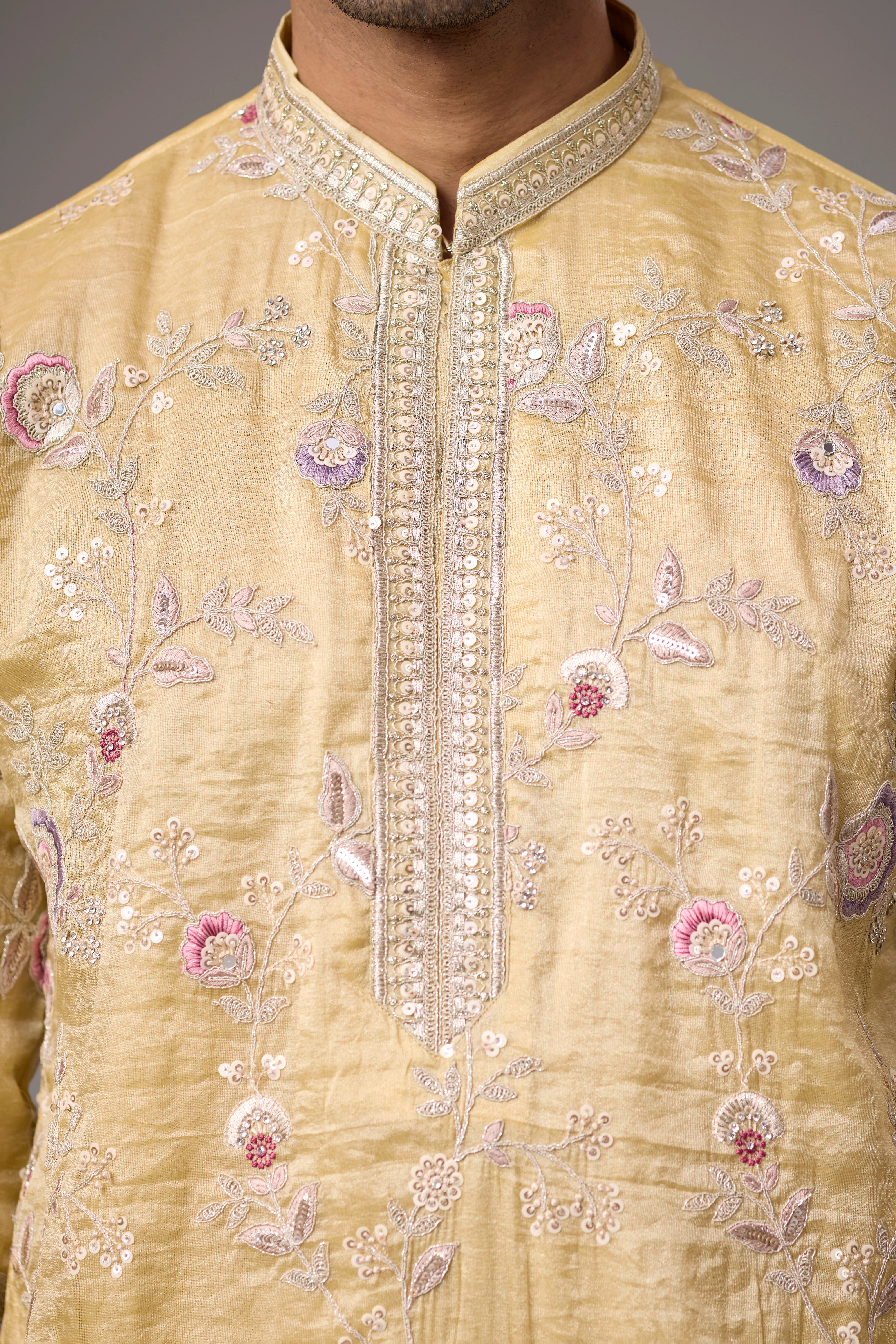 Champagne Gold Floral Embroidered Kurta Set