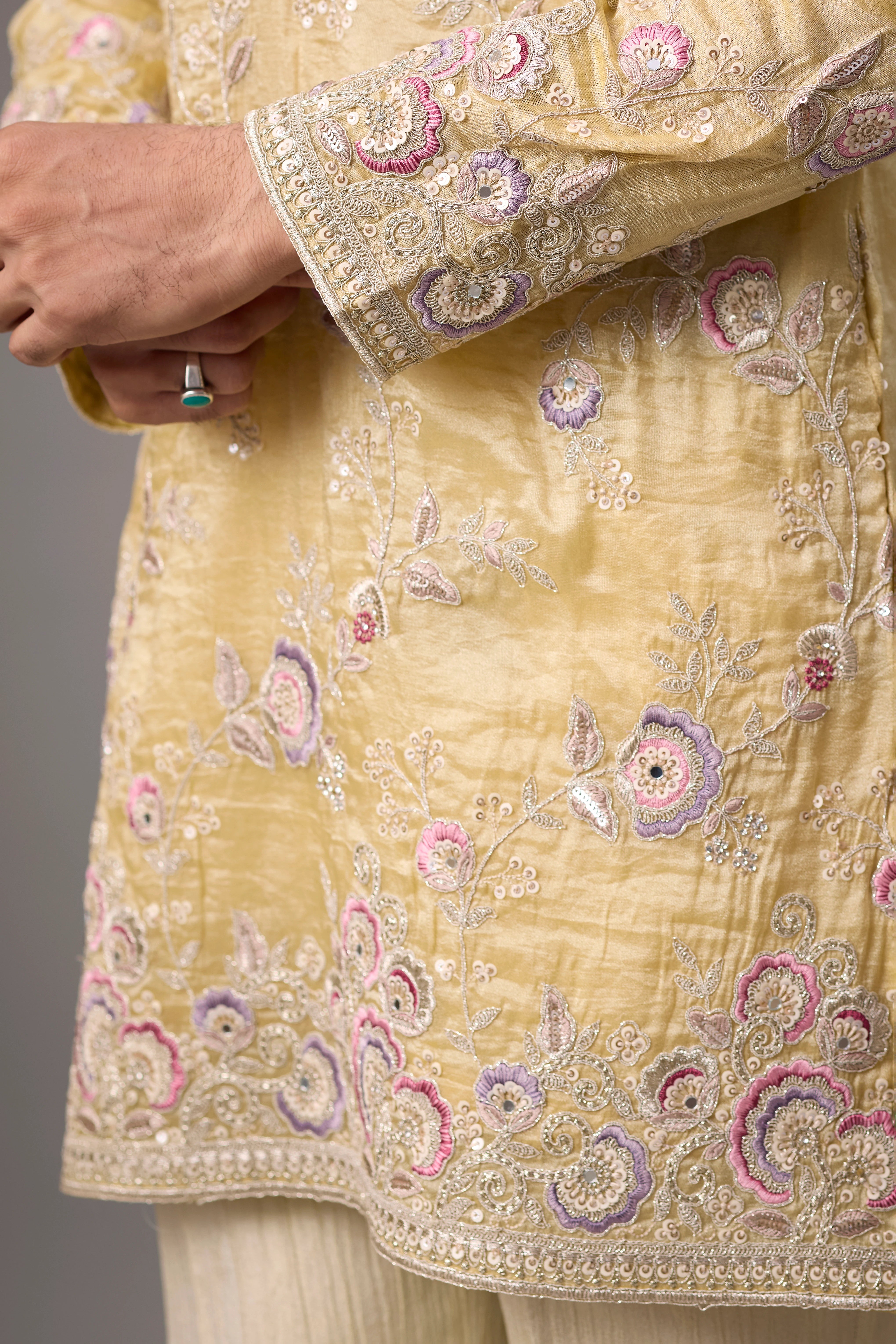 Champagne Gold Floral Embroidered Kurta Set