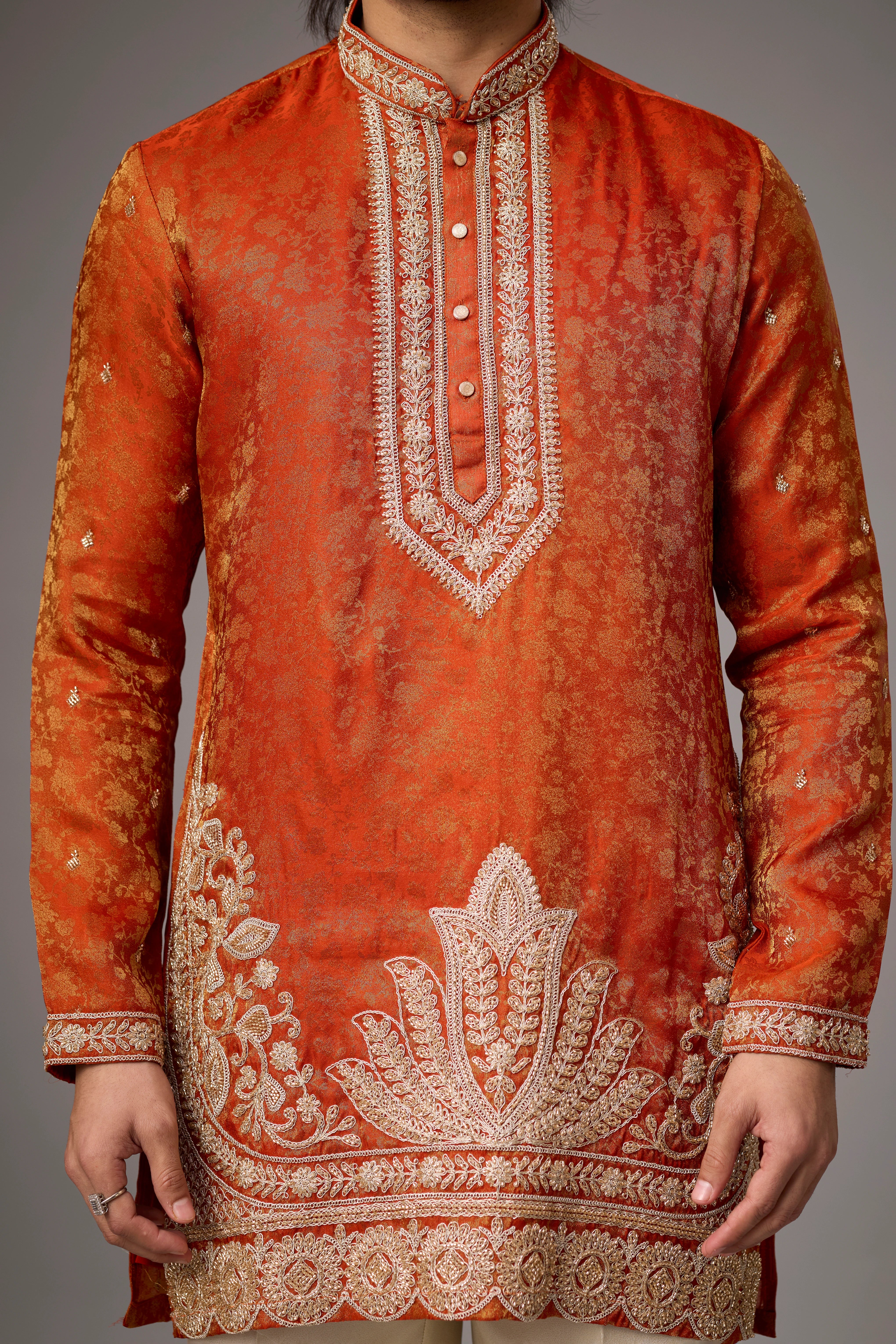 Burnt Orange Regal Brocade Kurta Set