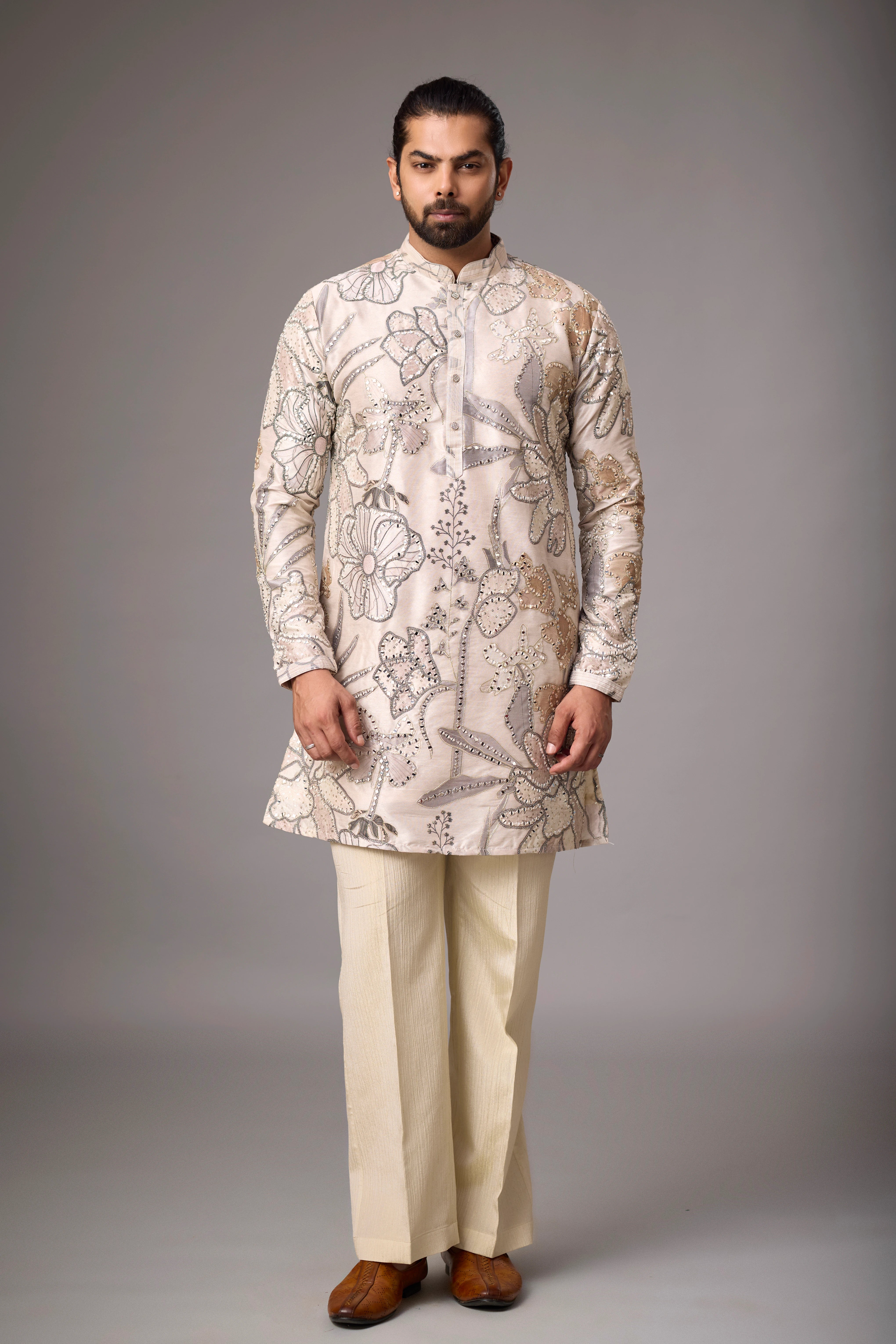 Champagne Floral Embroidered Kurta Set