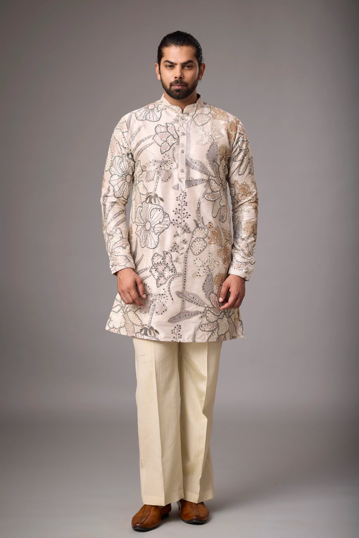 Champagne Floral Embroidered Kurta Set