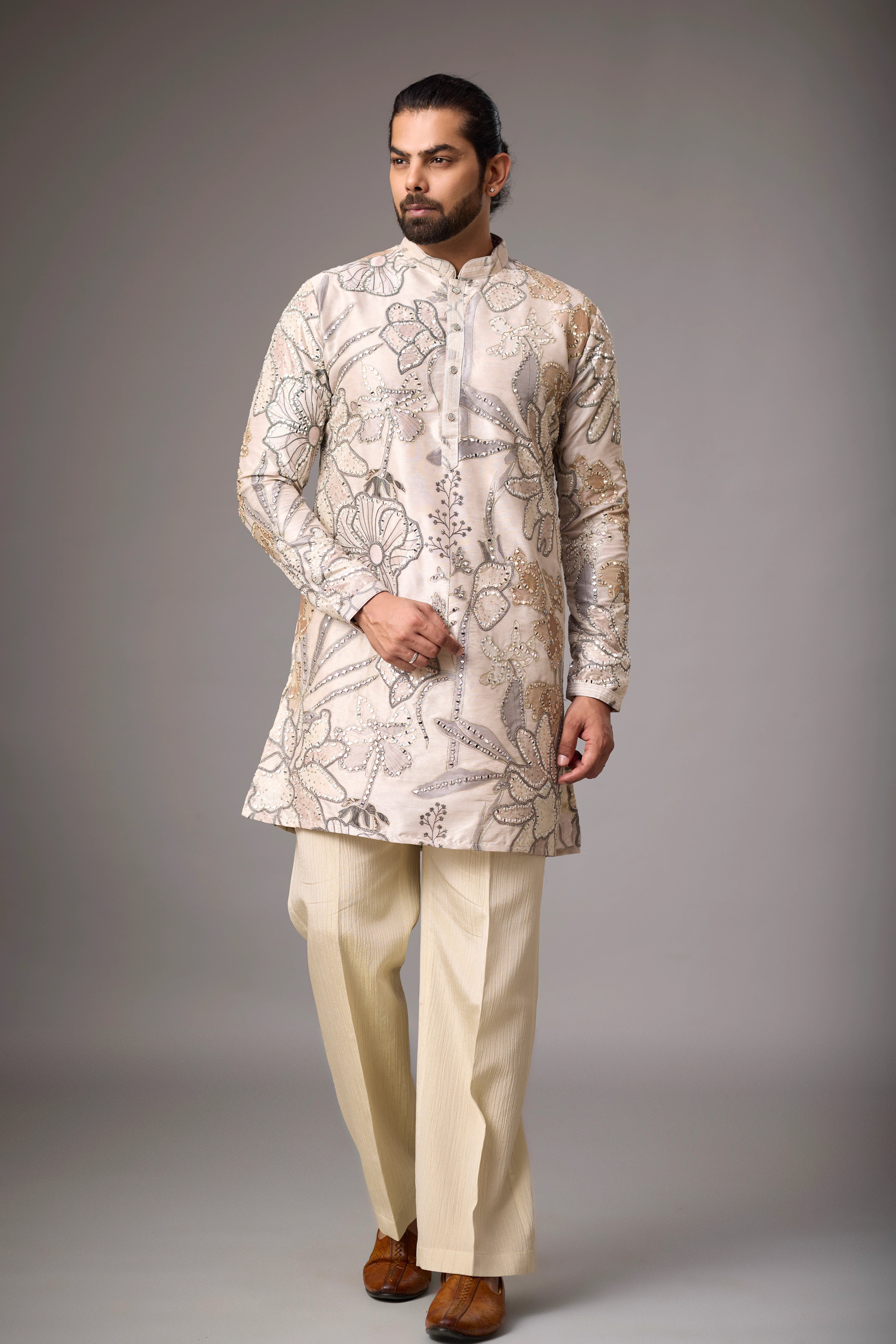 Champagne Floral Embroidered Kurta Set