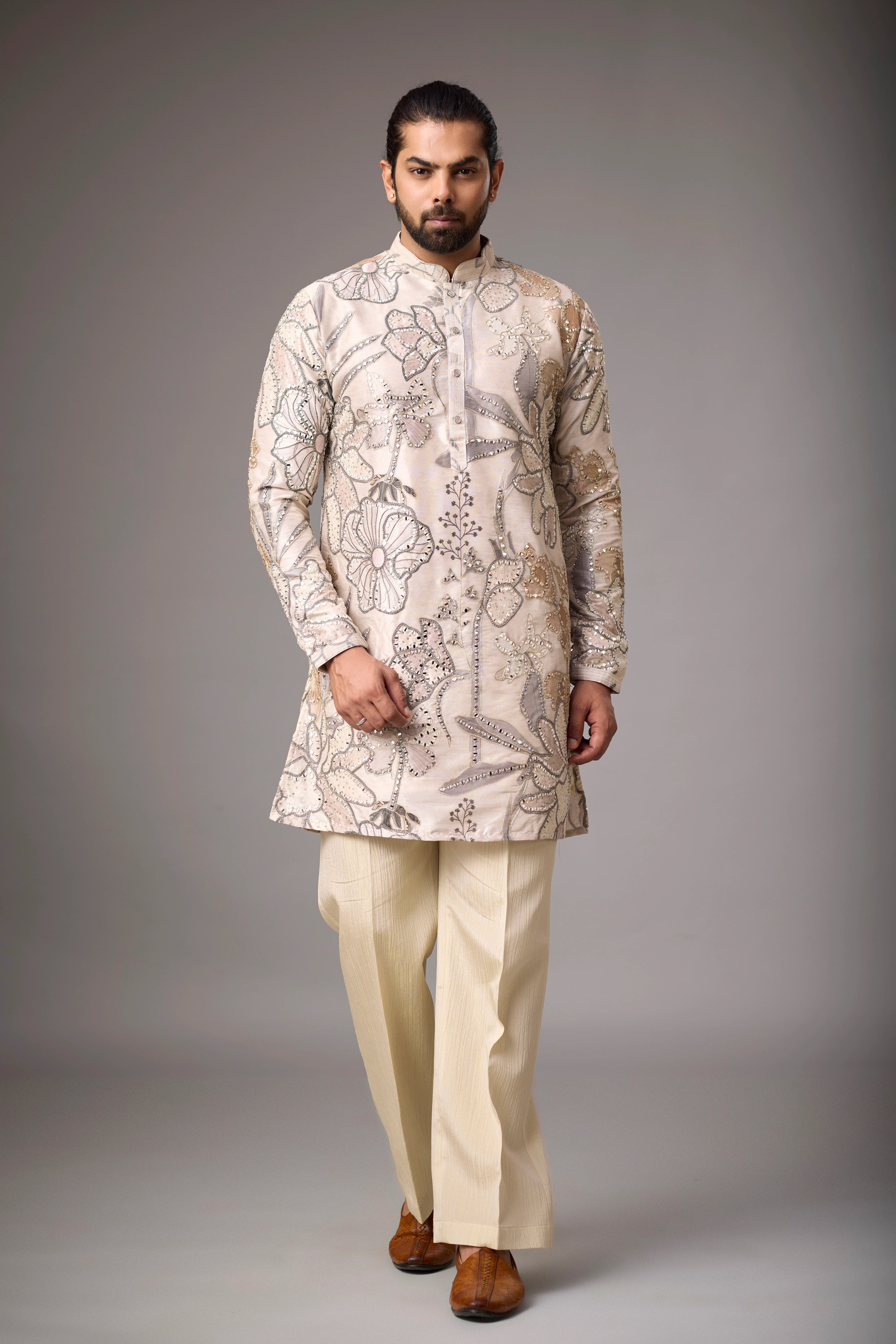 Champagne Floral Embroidered Kurta Set