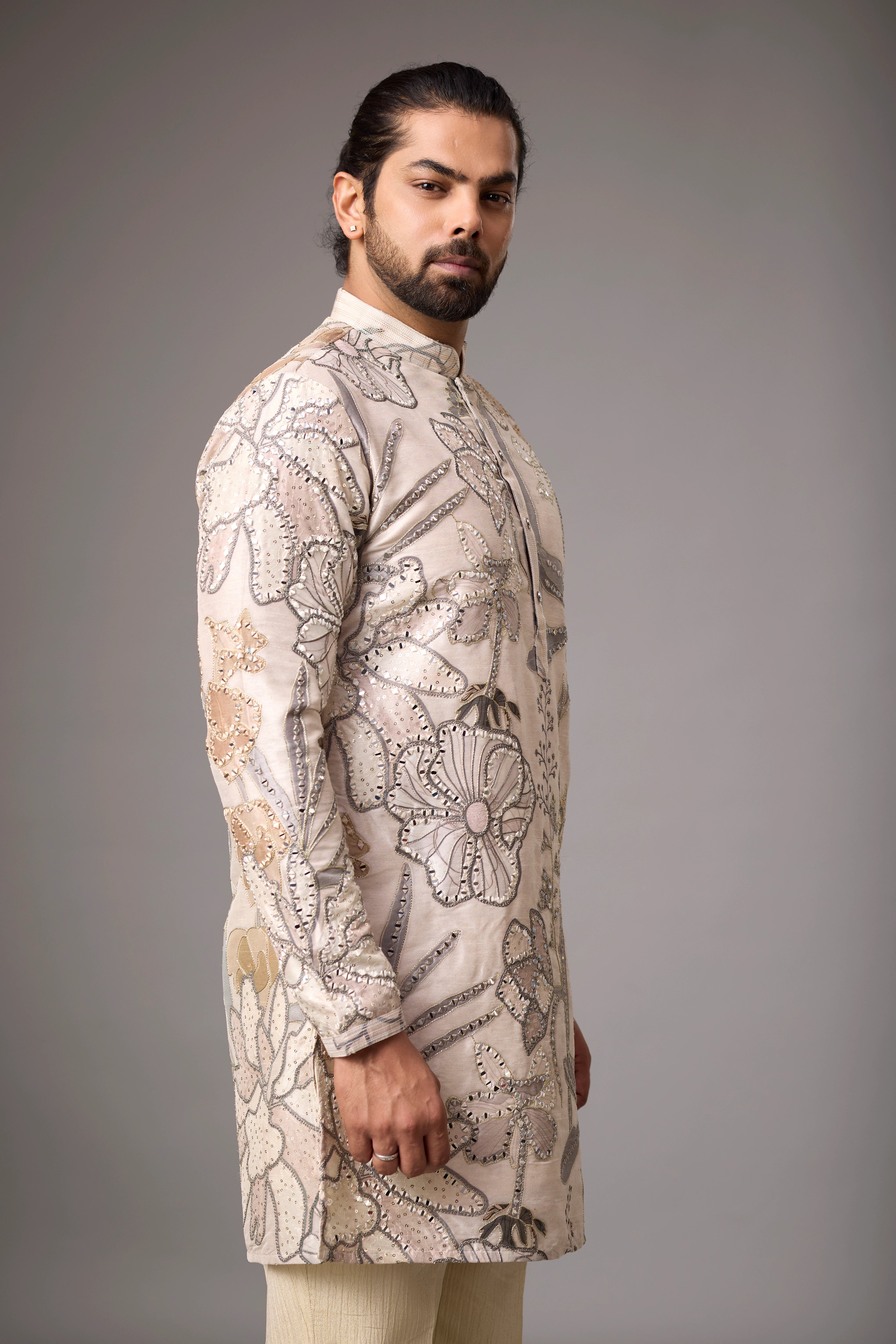 Champagne Floral Embroidered Kurta Set