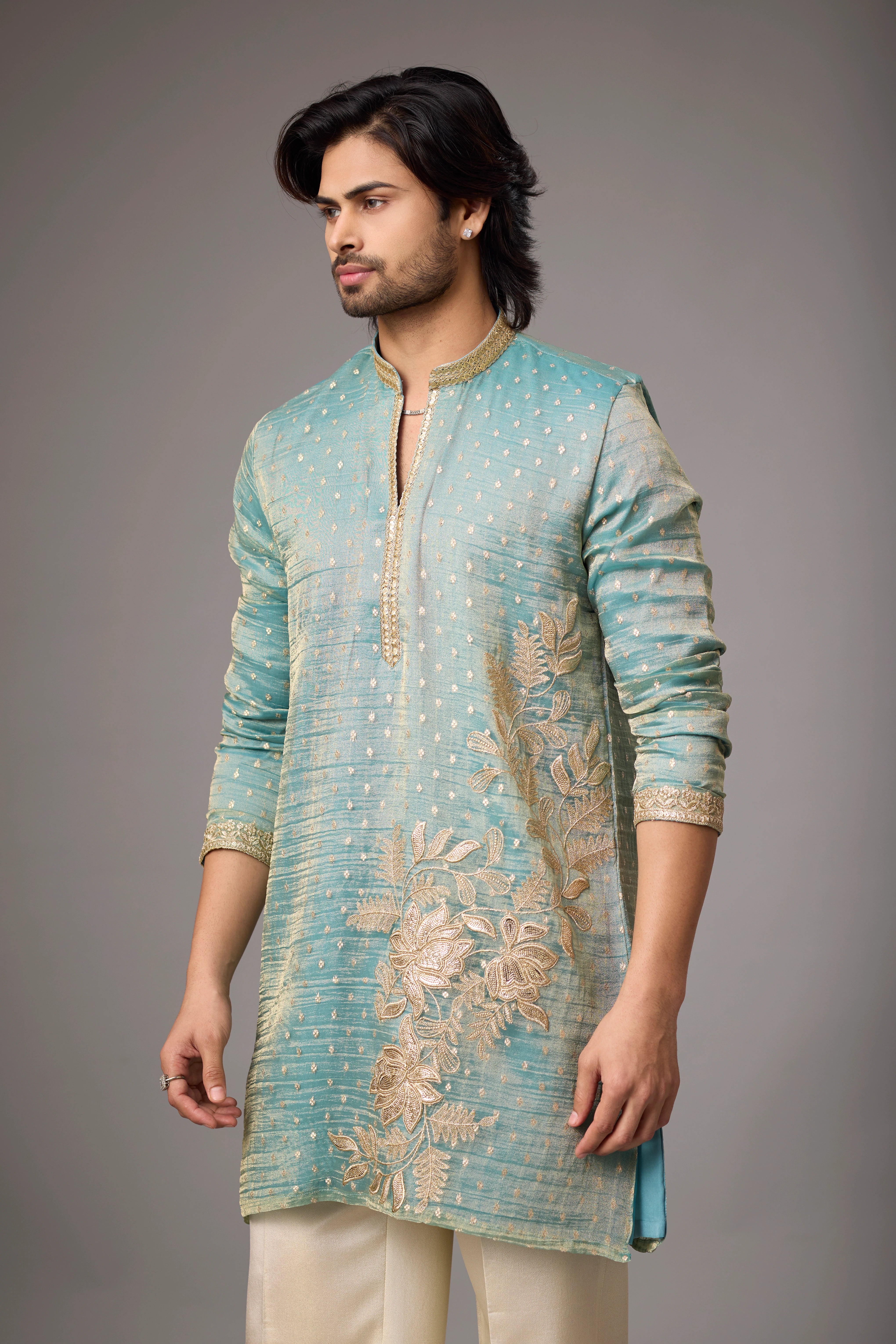 Sage Teal Floral Embroidered Kurta Set