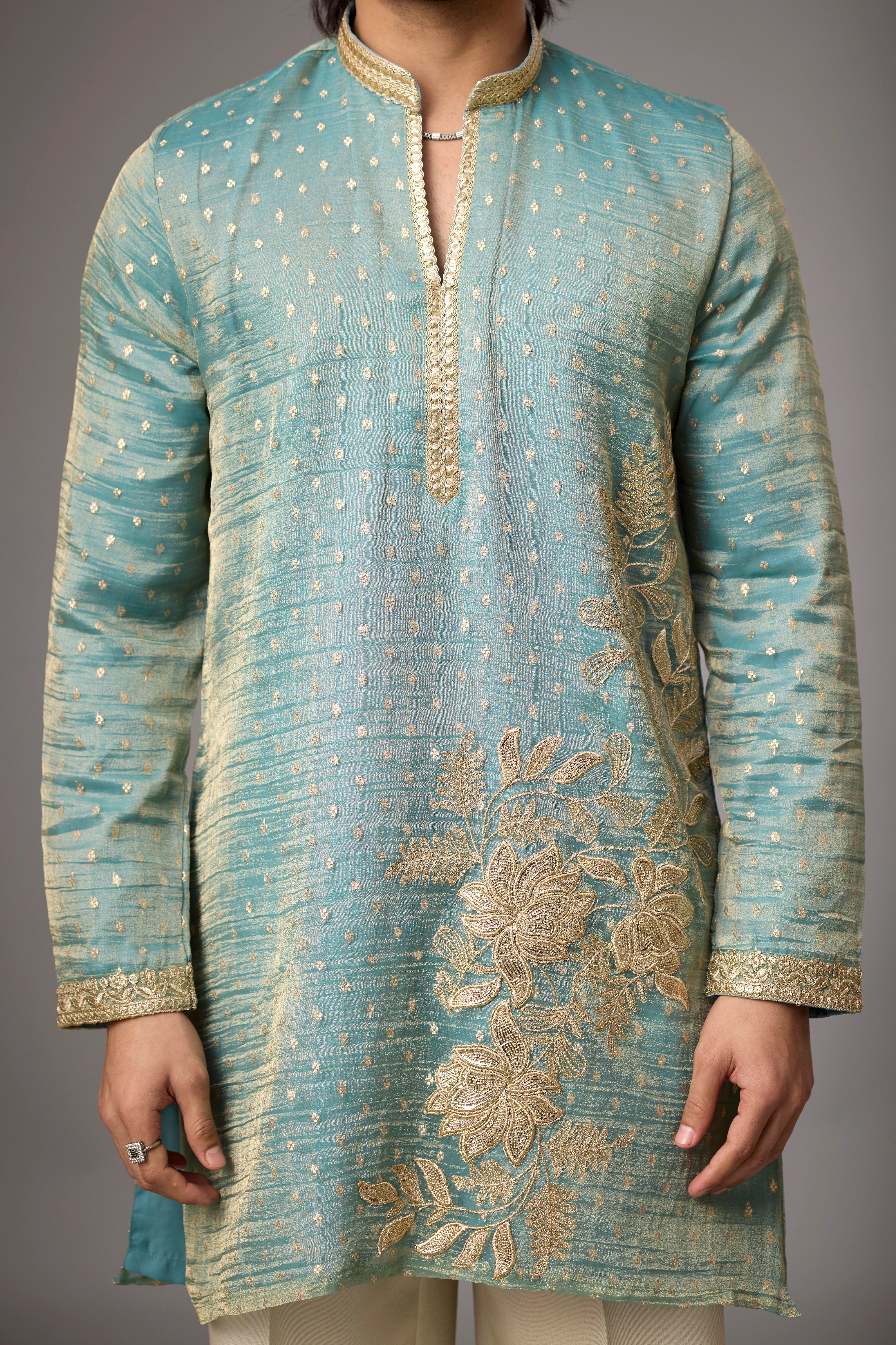 Sage Teal Floral Embroidered Kurta Set