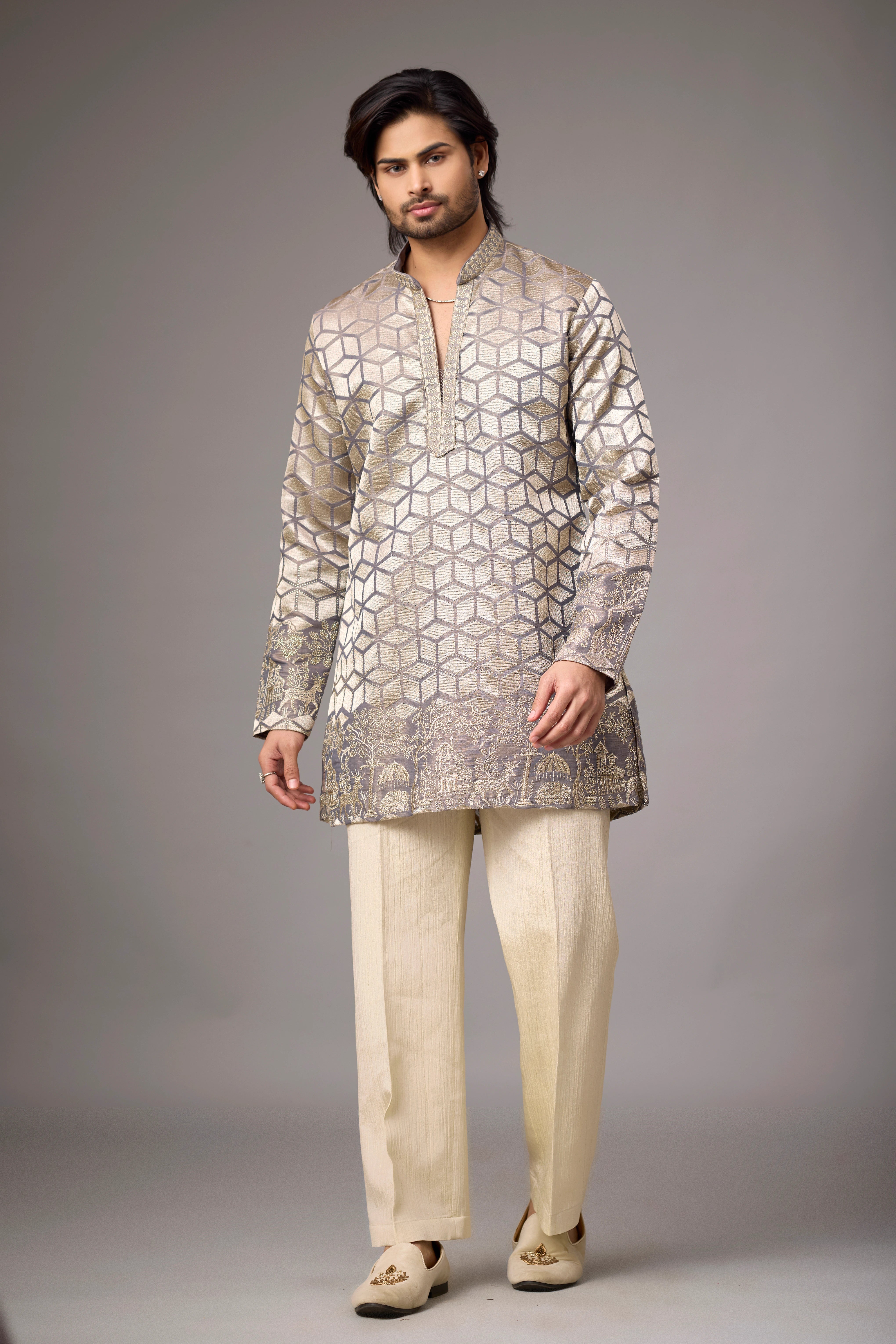 Champagne Geometric Heritage Embroidered Kurta Set