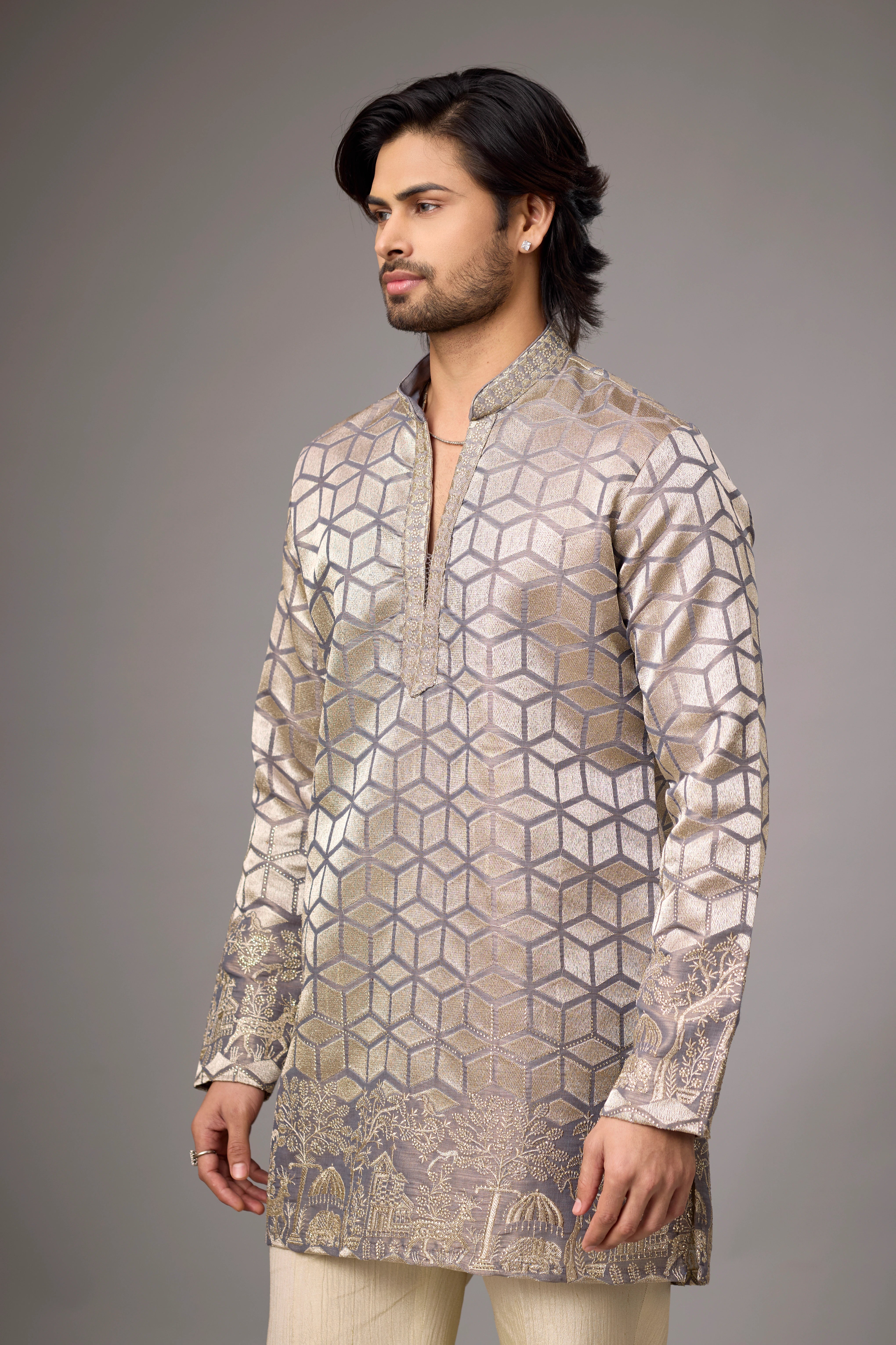 Champagne Geometric Heritage Embroidered Kurta Set
