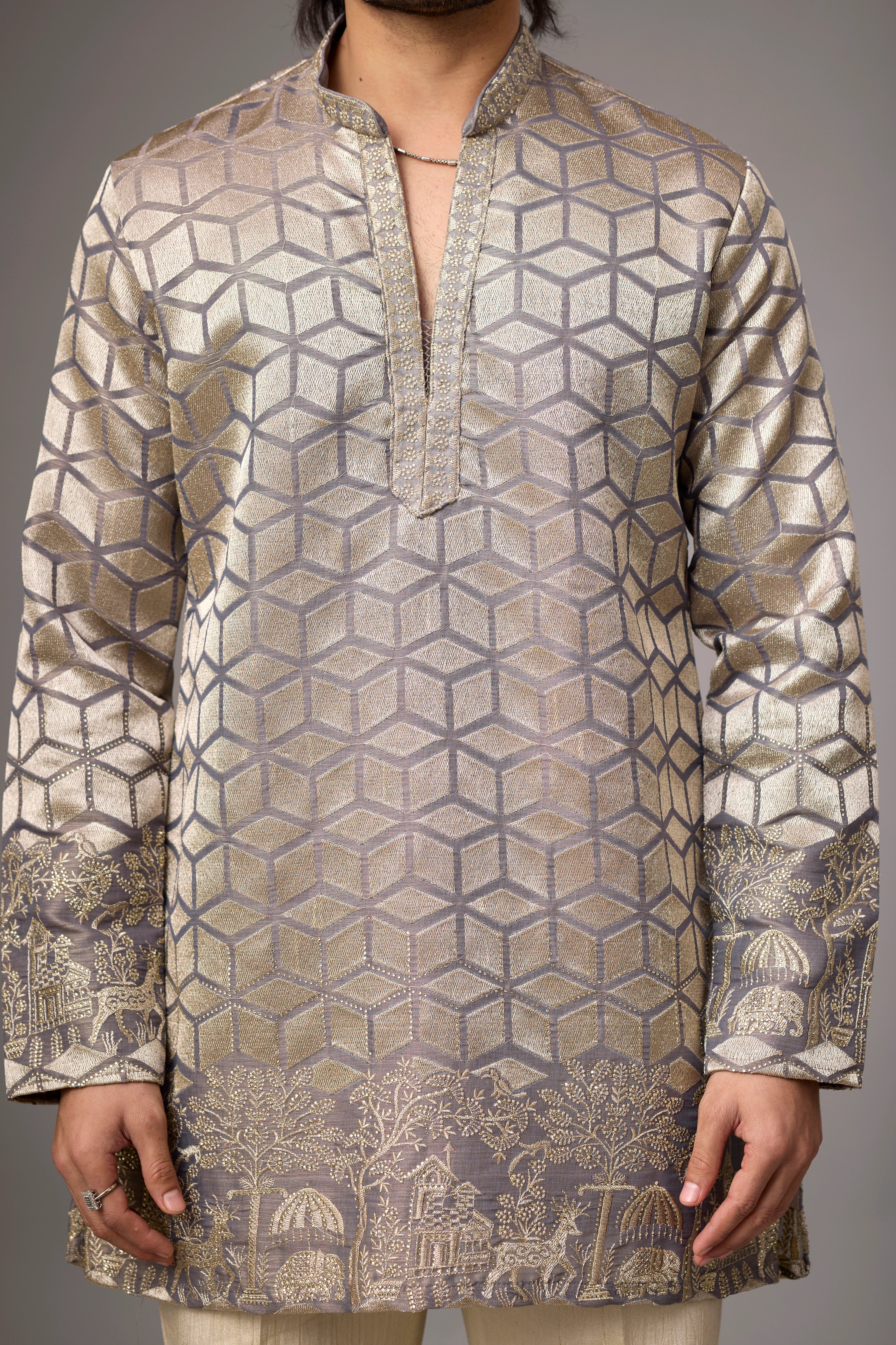 Champagne Geometric Heritage Embroidered Kurta Set