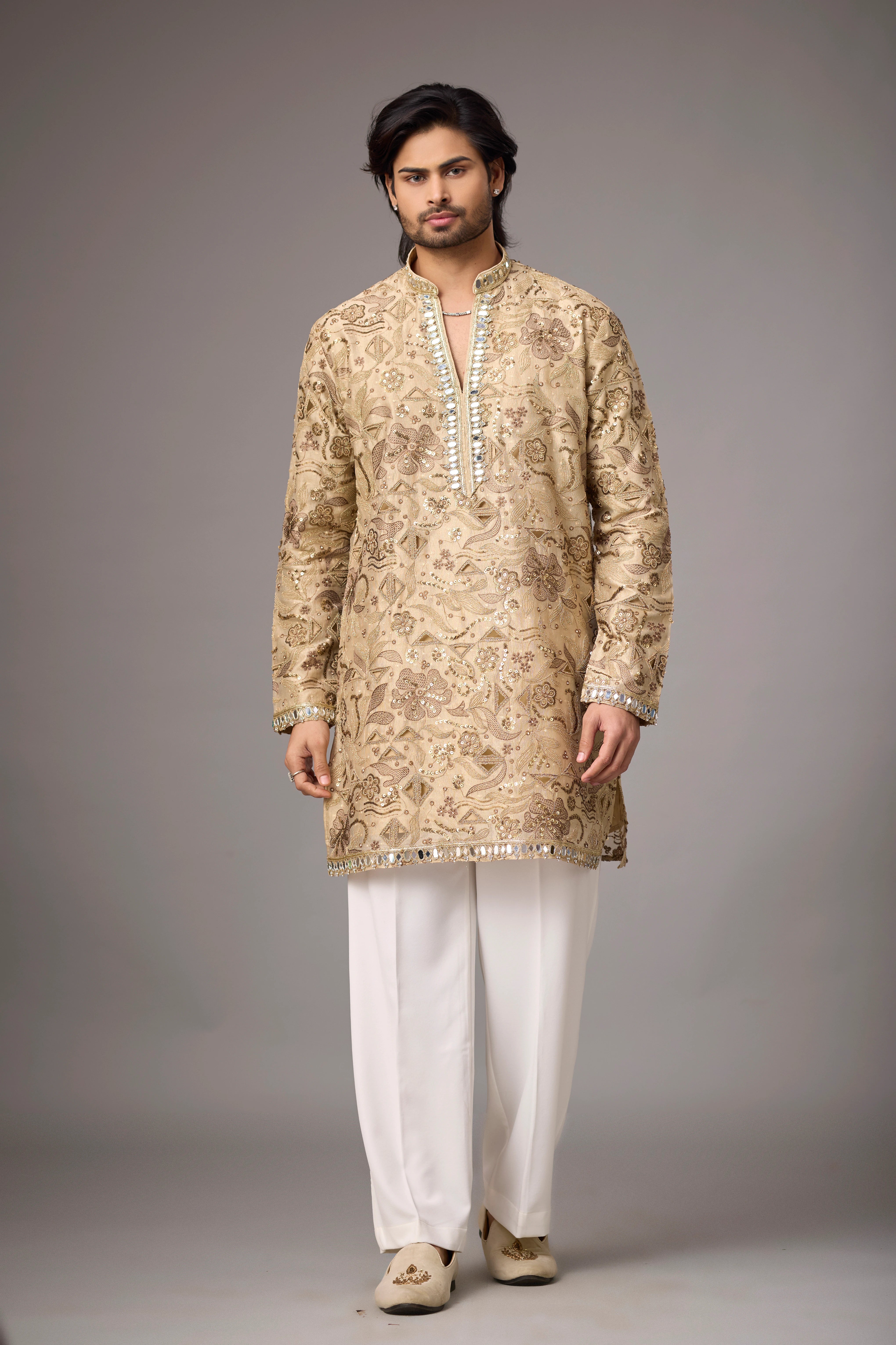Champagne Floral Embellished Heritage Kurta Set