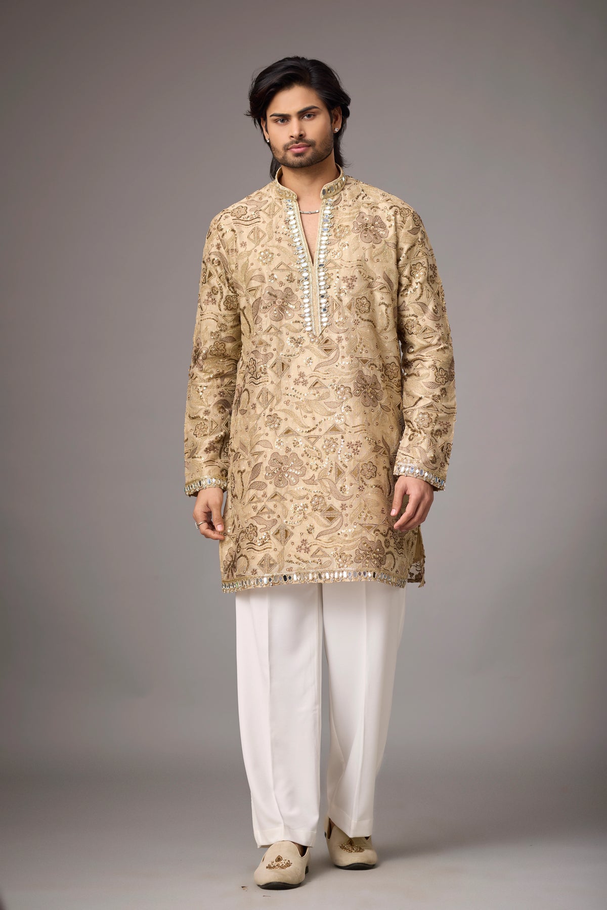 Champagne Floral Embellished Heritage Kurta Set