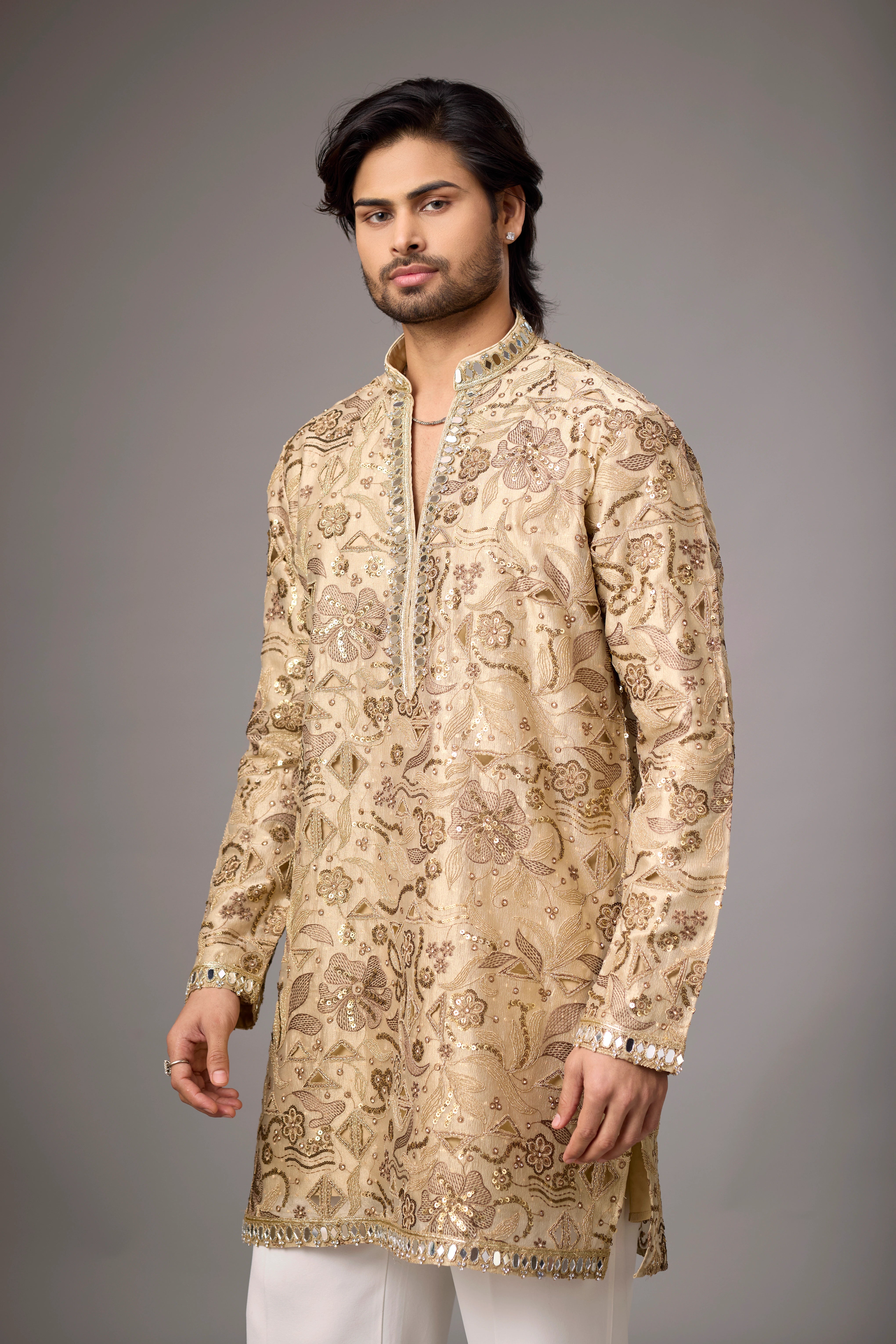 Champagne Floral Embellished Heritage Kurta Set