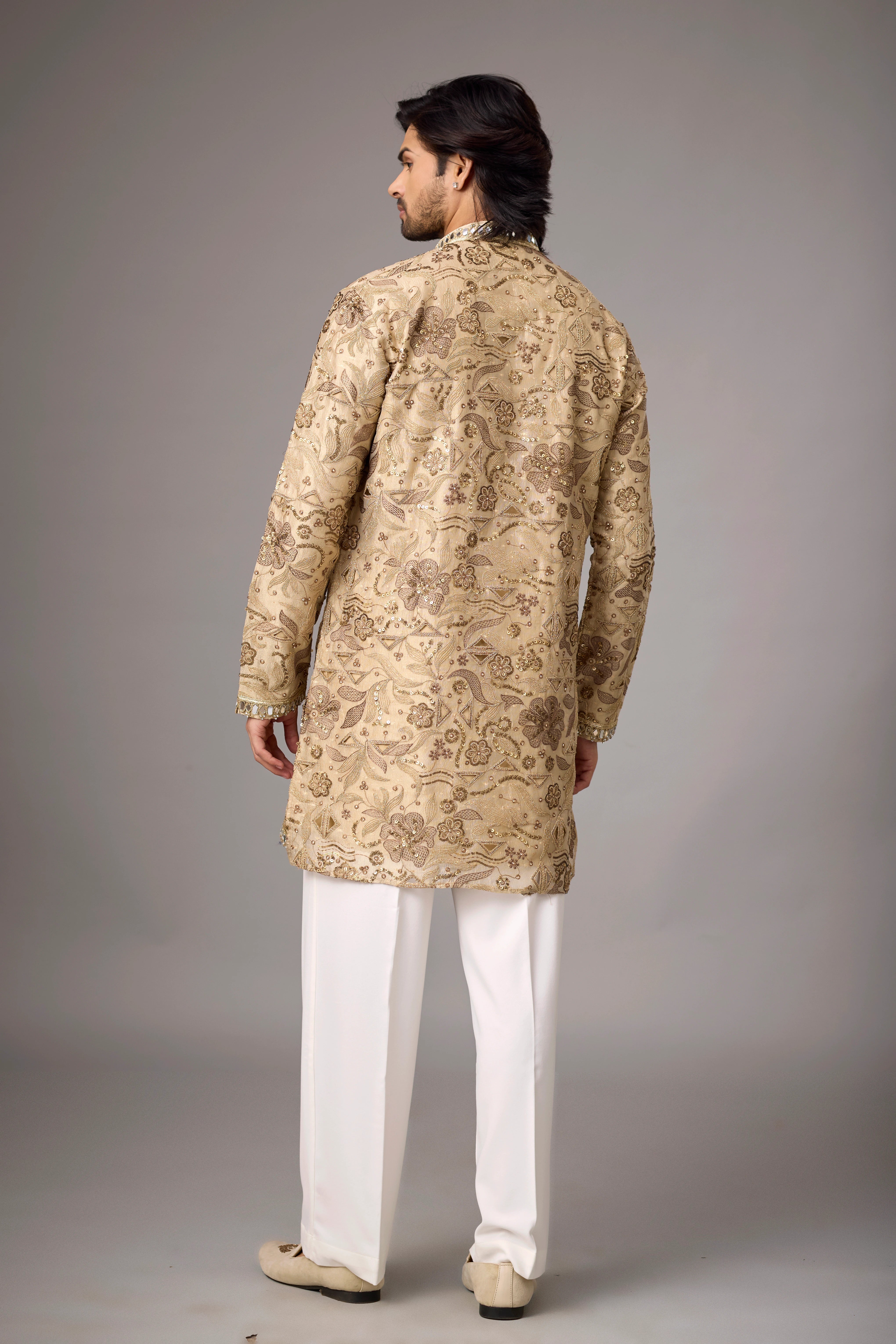 Champagne Floral Embellished Heritage Kurta Set