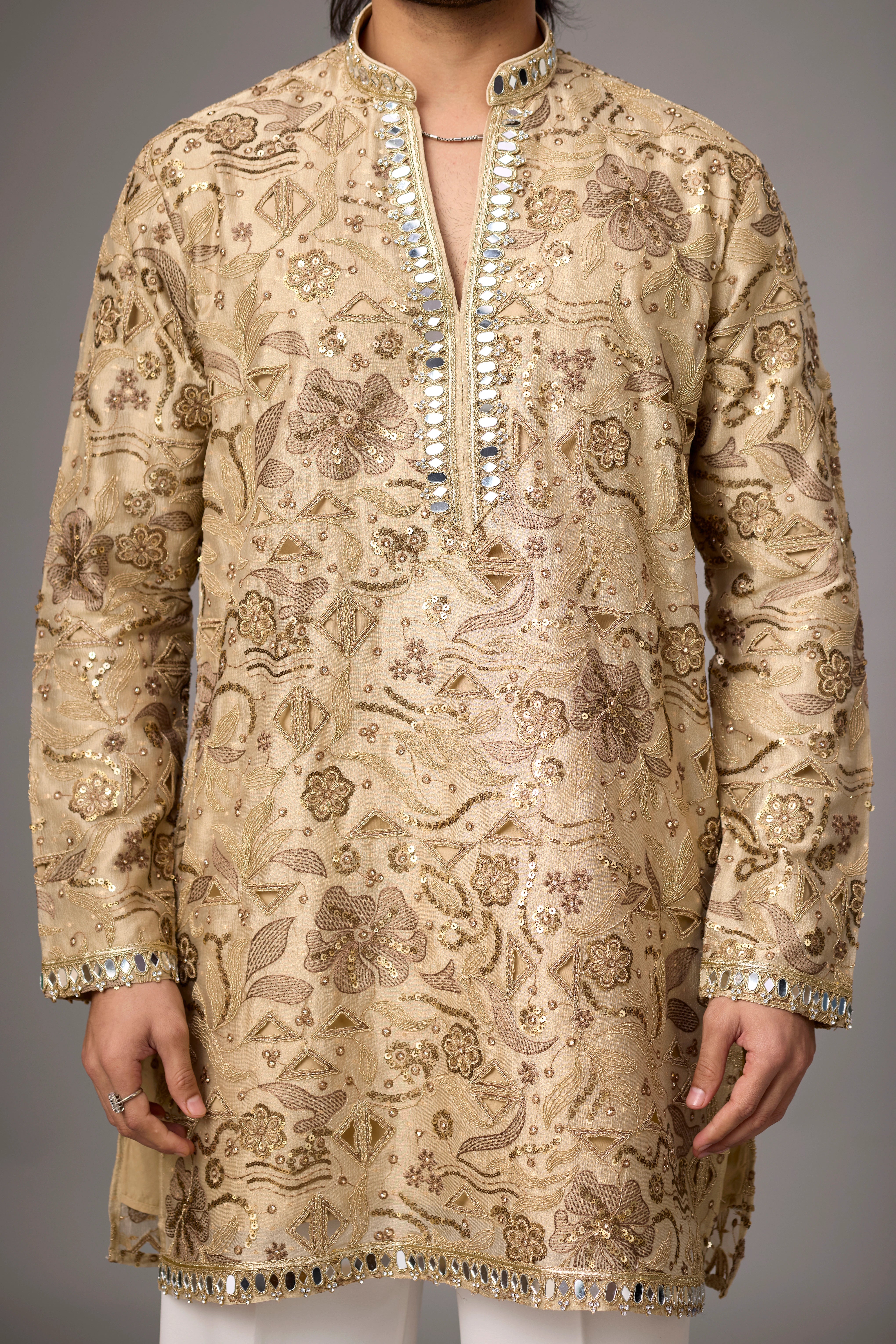 Champagne Floral Embellished Heritage Kurta Set