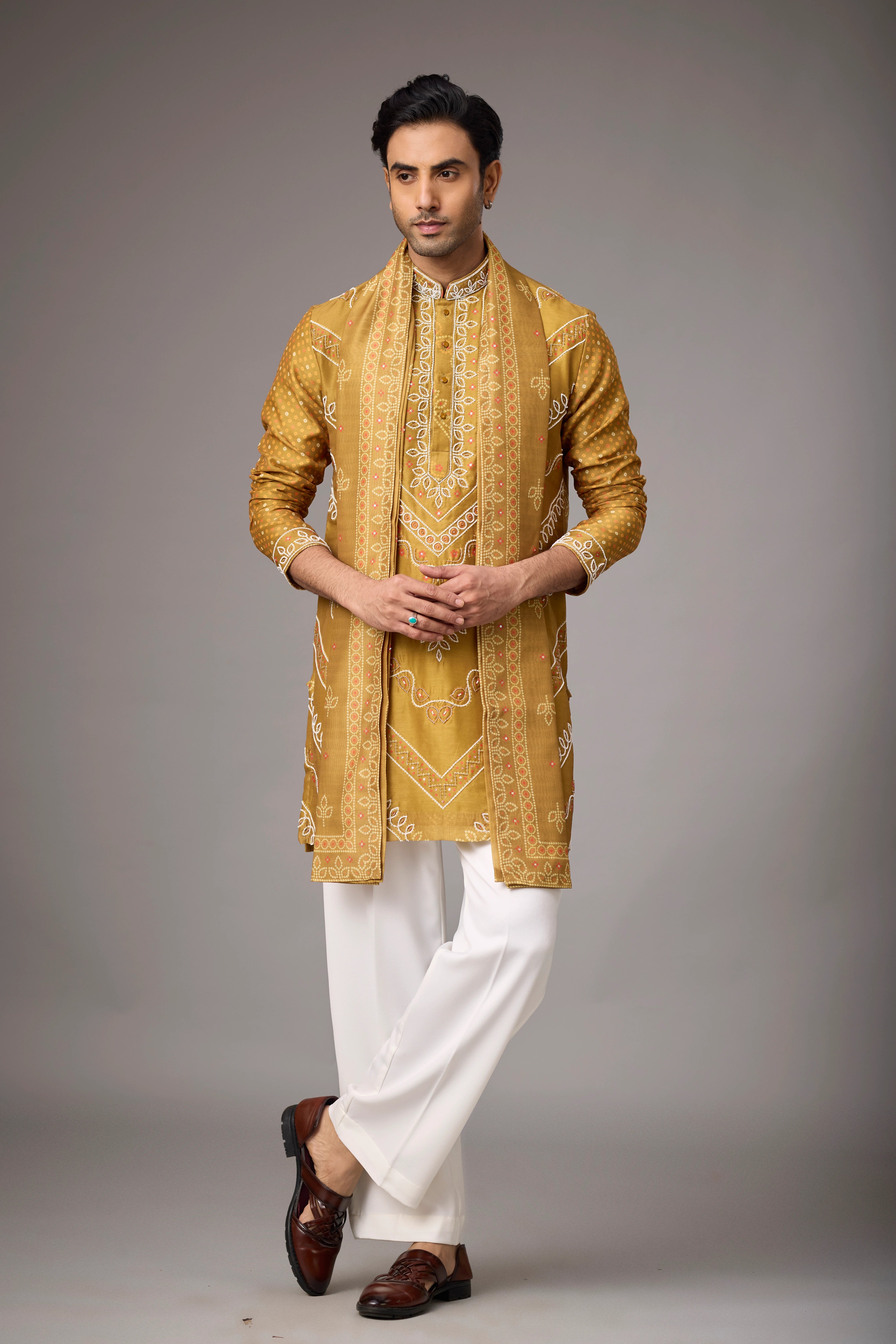 Mustard Gold Heritage Embroidered Kurta with Stole