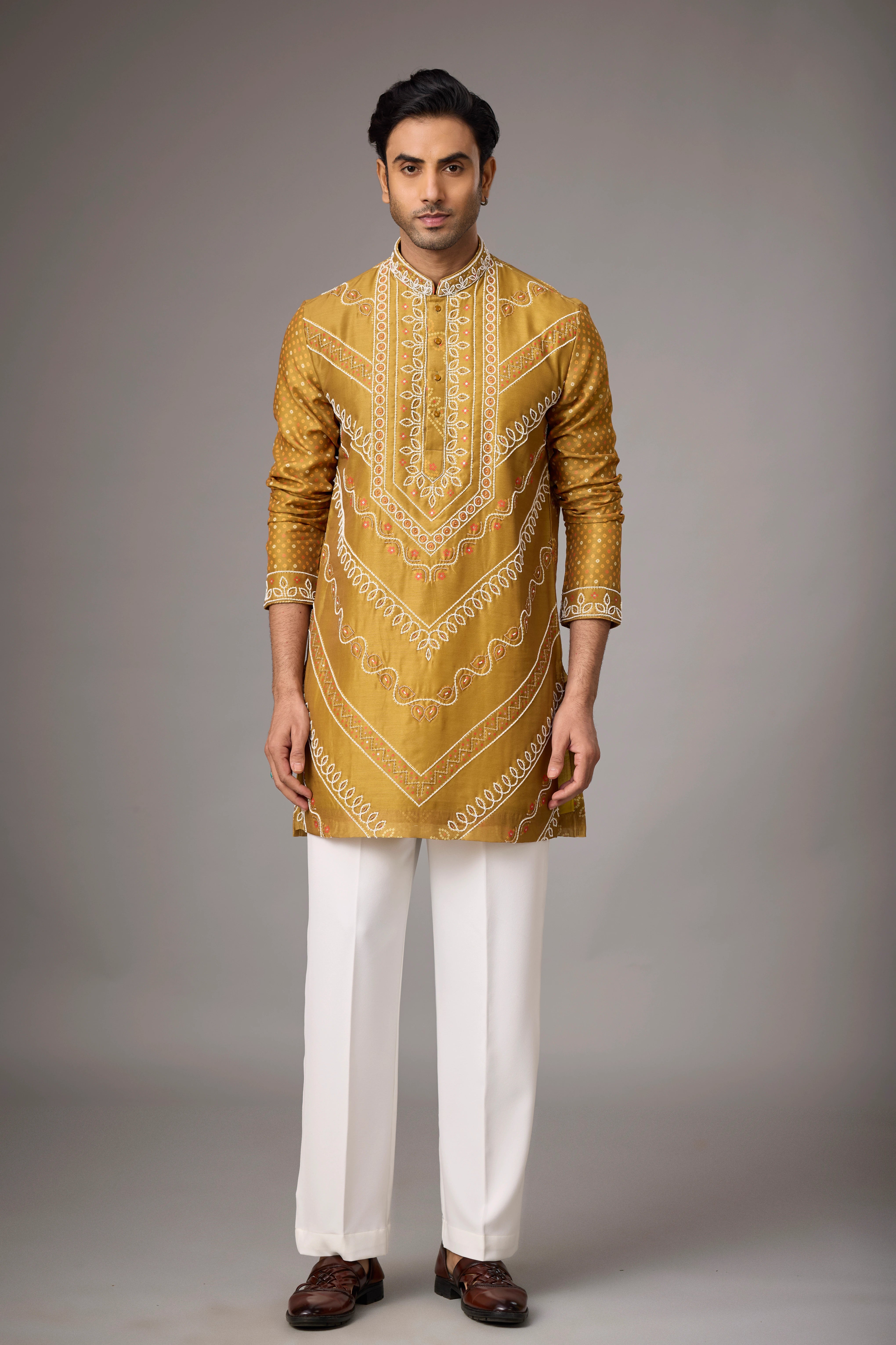 Mustard Gold Heritage Embroidered Kurta with Stole