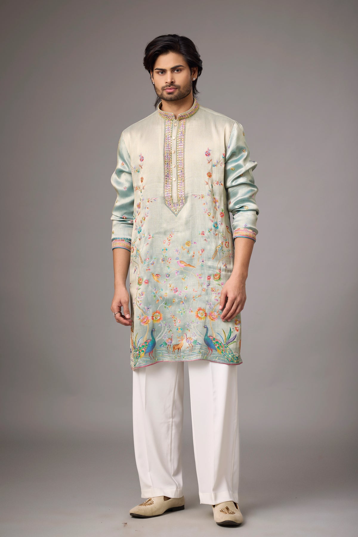 Mint Ivory Peacock Heritage Embroidered Kurta Set