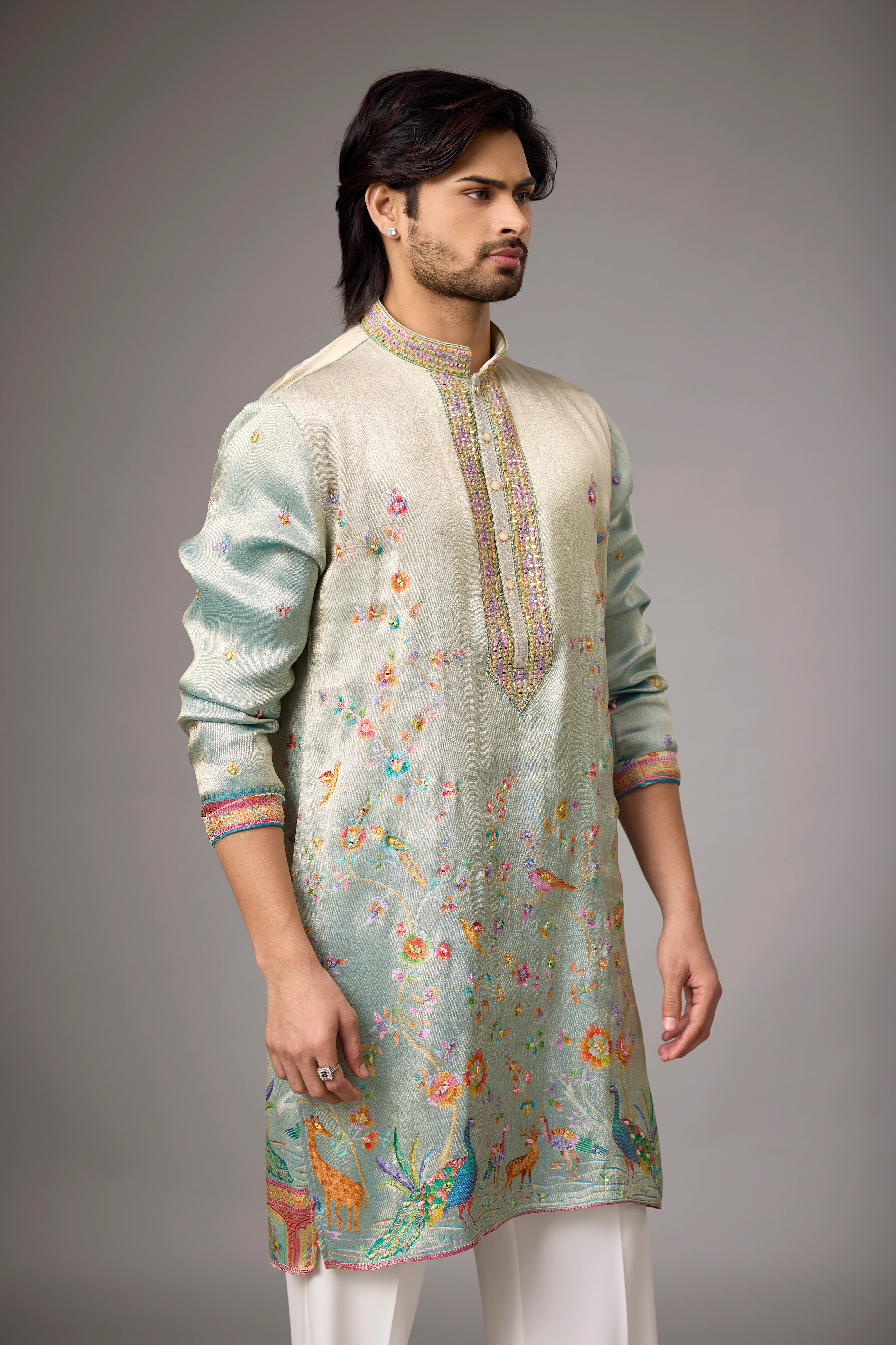 Mint Ivory Peacock Heritage Embroidered Kurta Set
