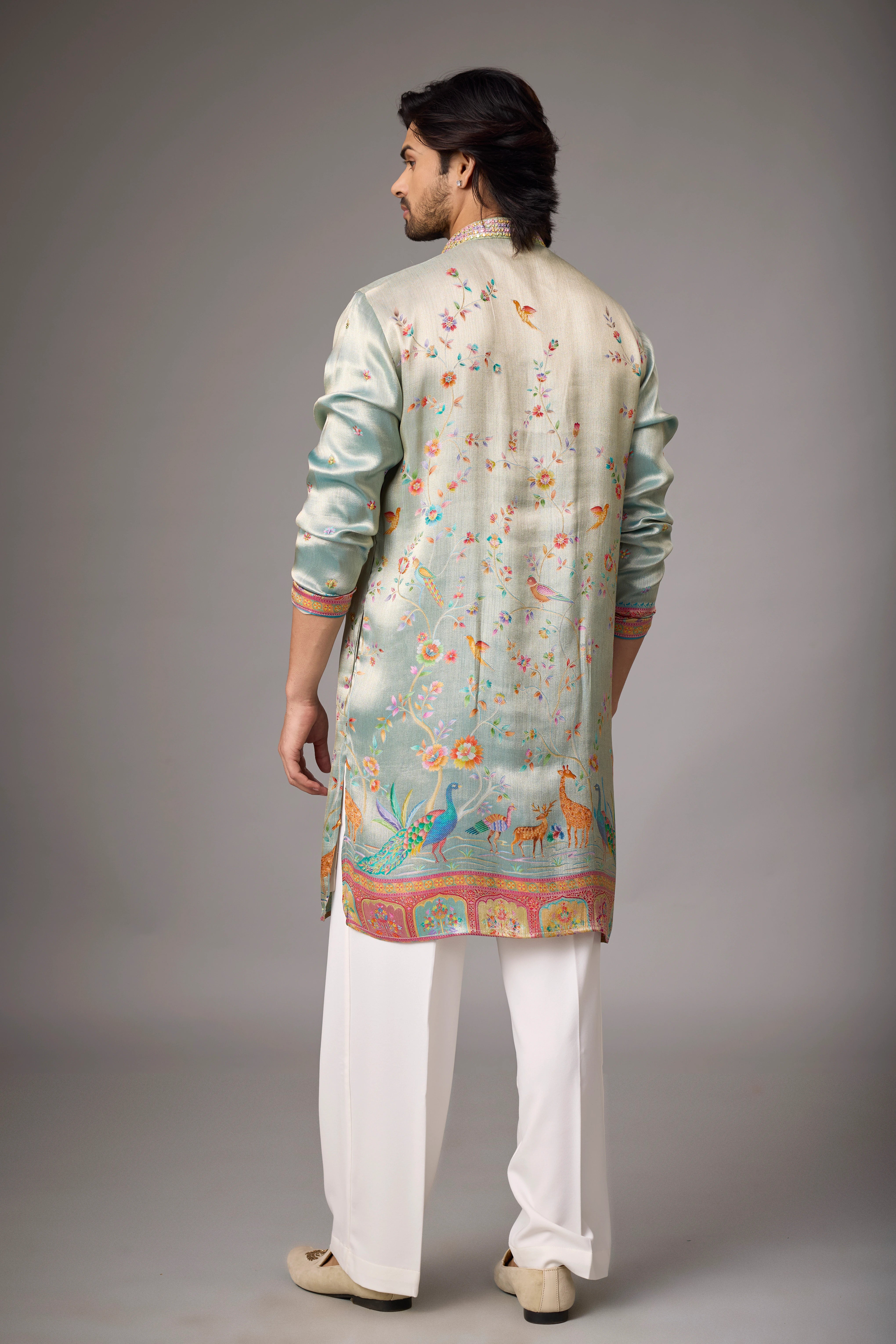 Mint Ivory Peacock Heritage Embroidered Kurta Set