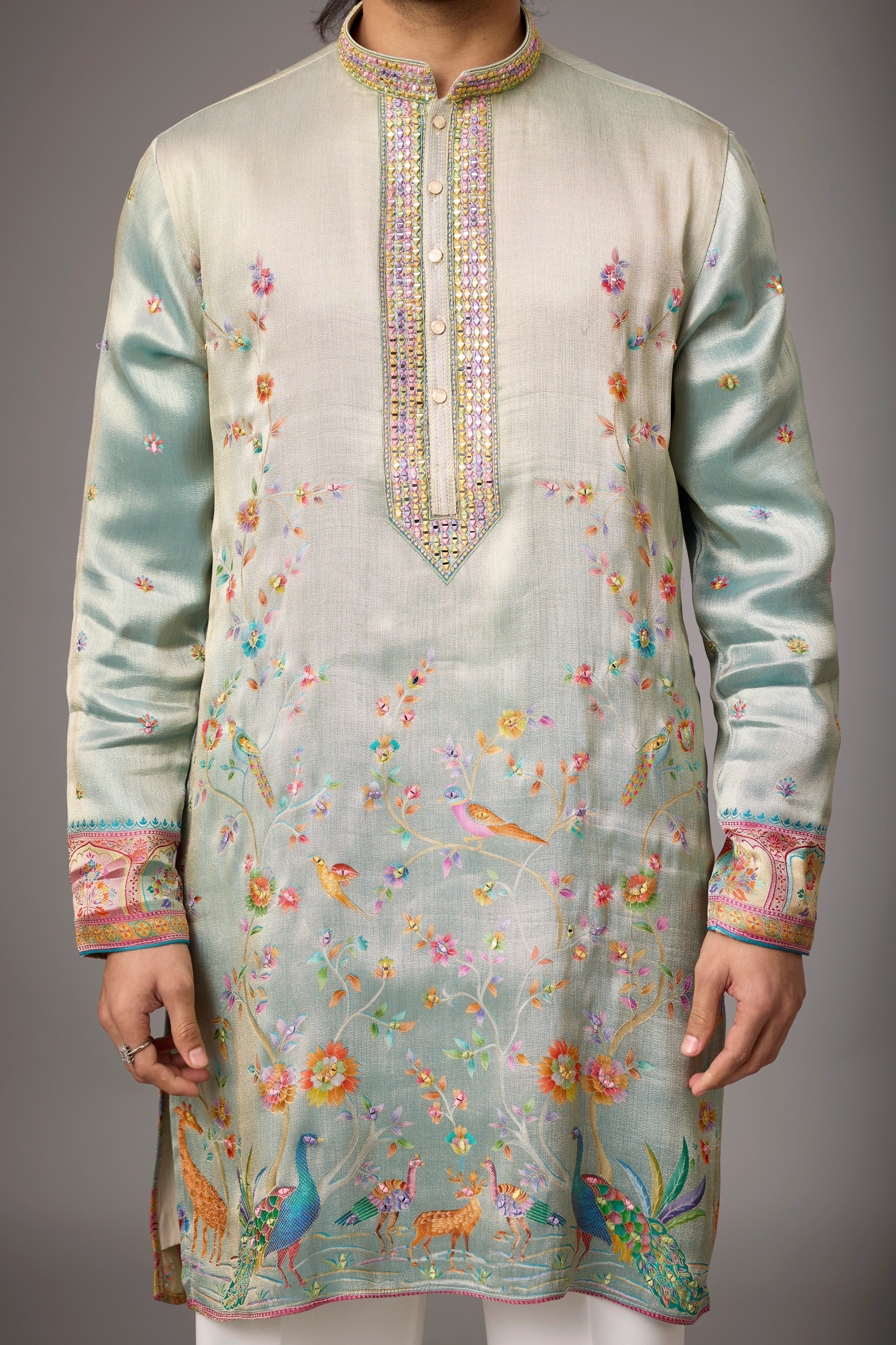 Mint Ivory Peacock Heritage Embroidered Kurta Set