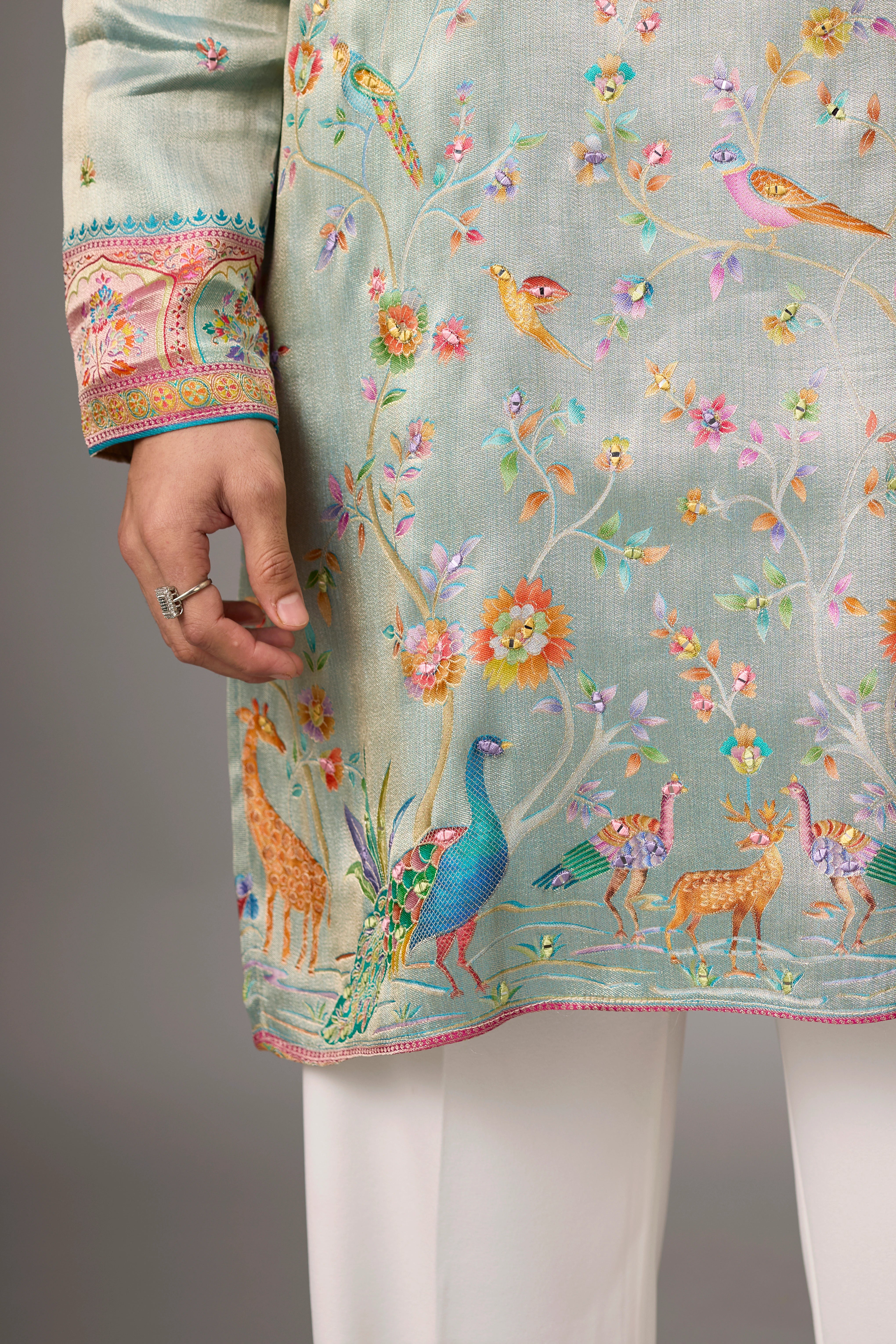 Mint Ivory Peacock Heritage Embroidered Kurta Set
