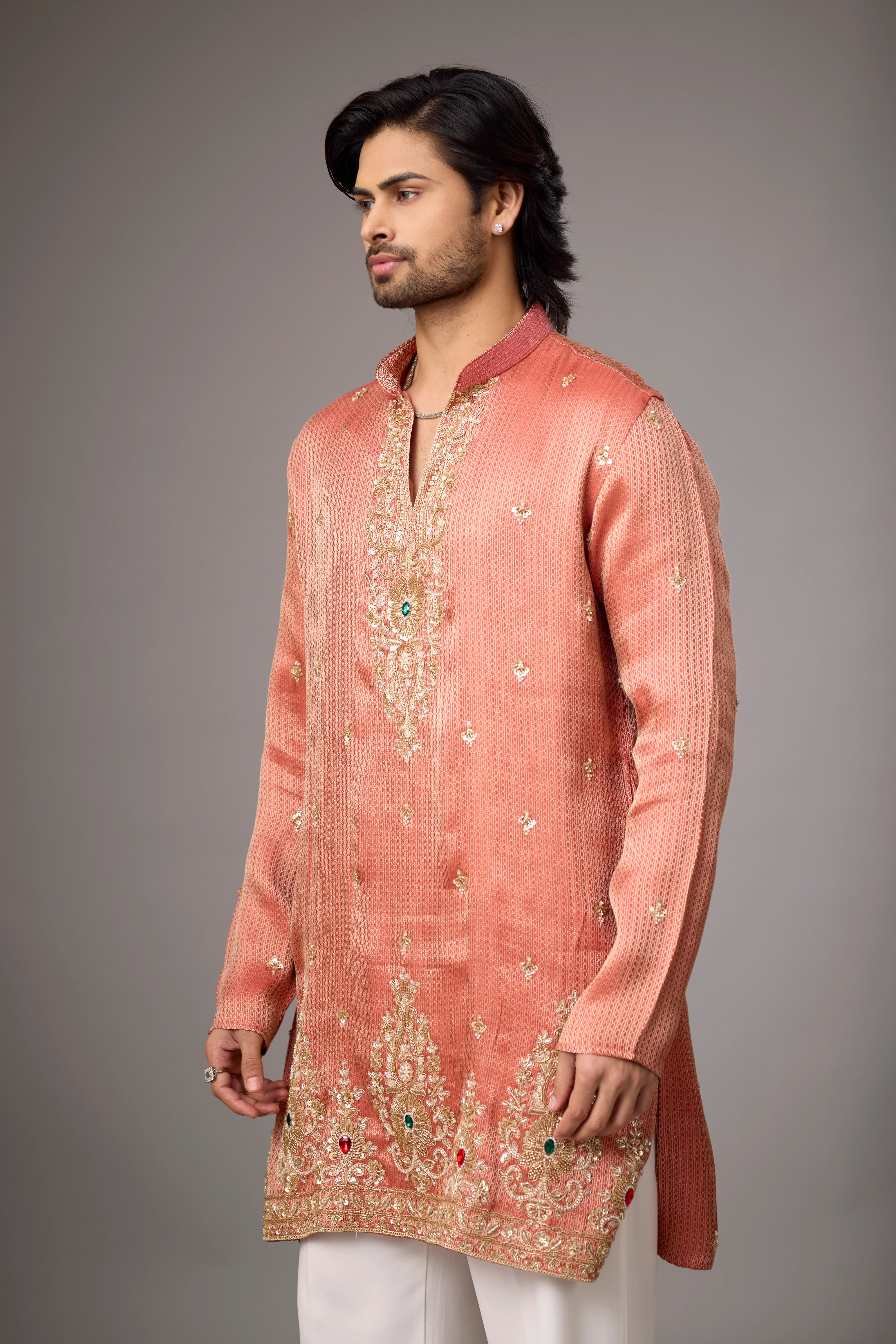 Coral Peach Regal Embroidered Kurta Set