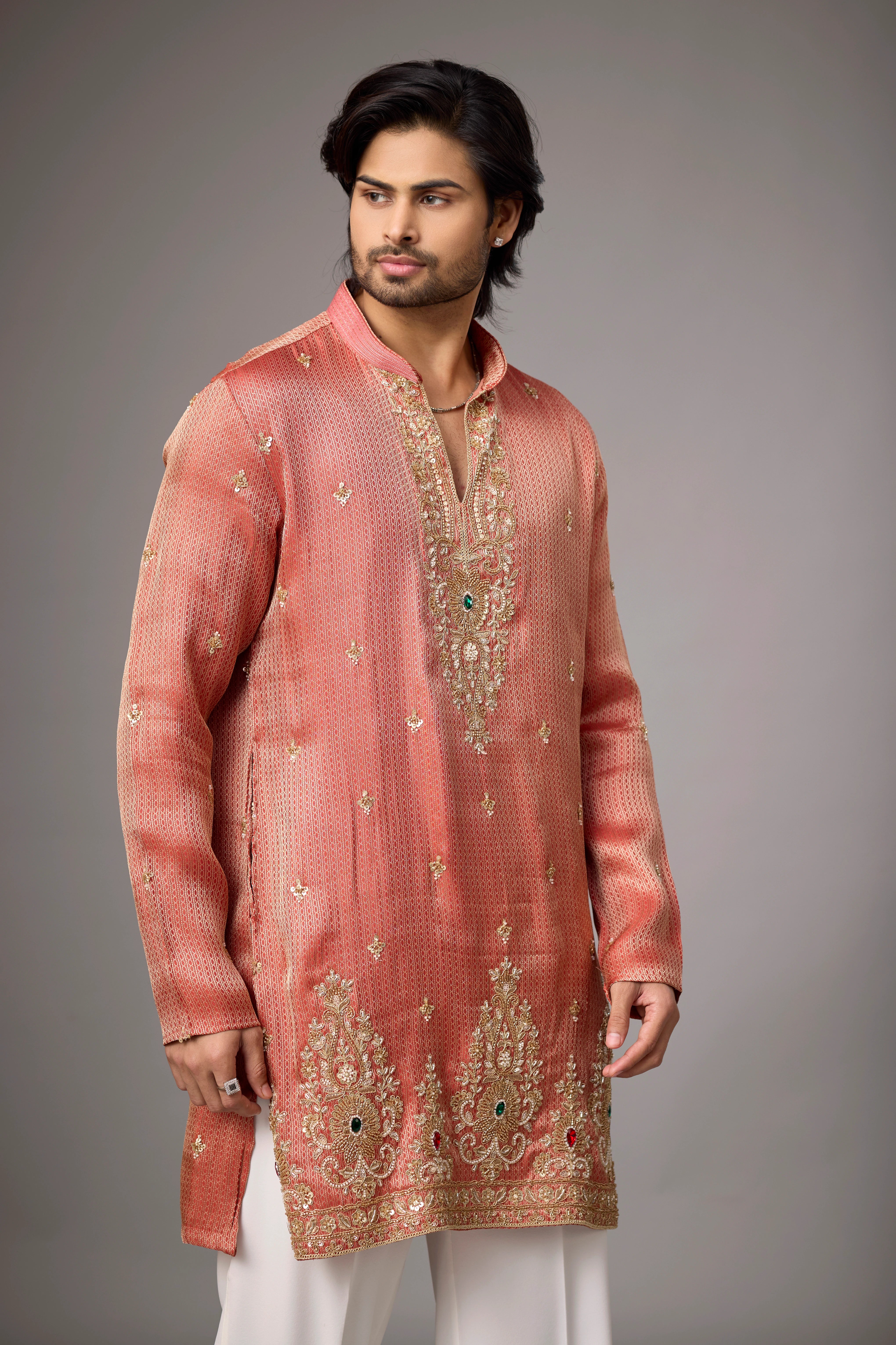 Coral Peach Regal Embroidered Kurta Set
