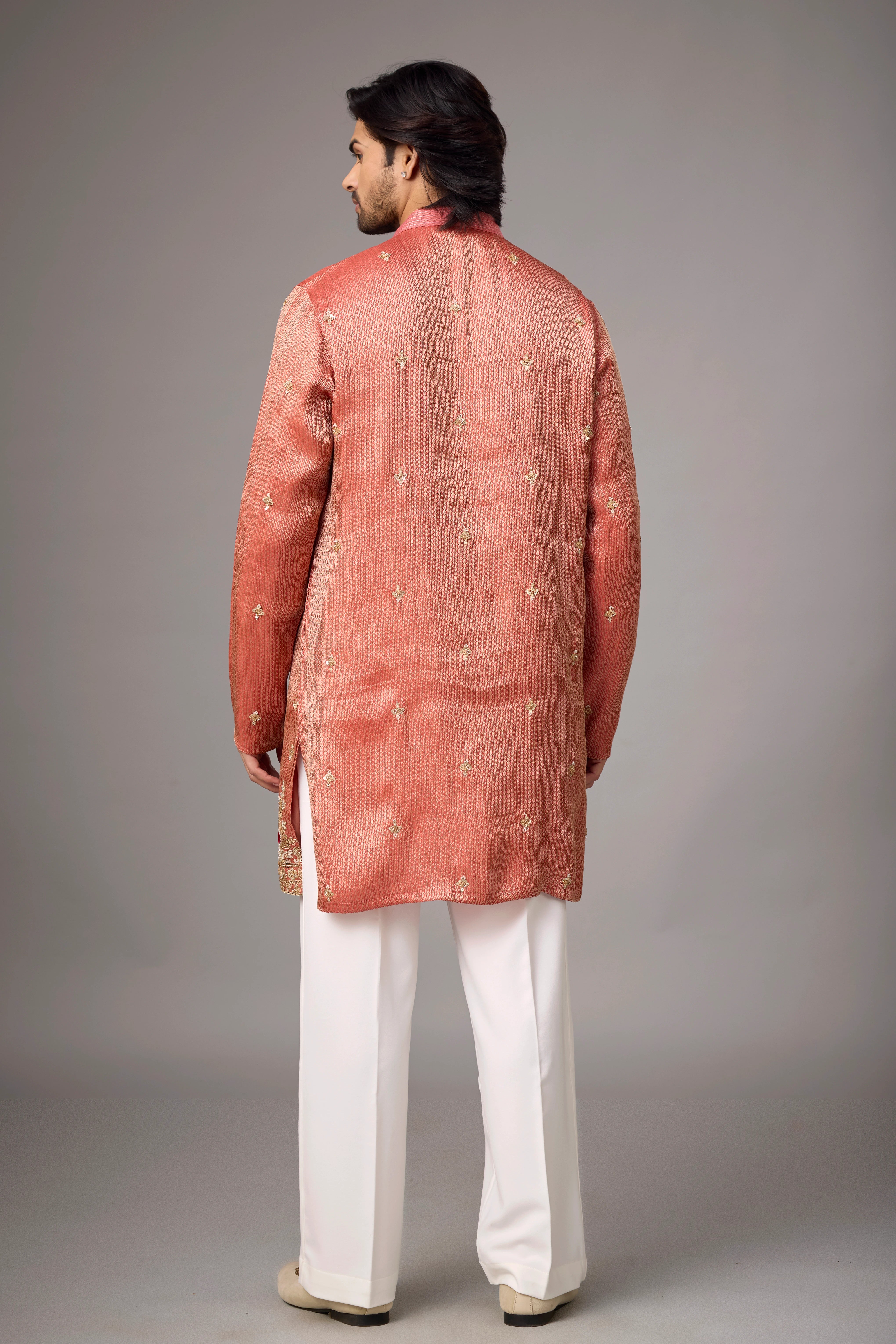 Coral Peach Regal Embroidered Kurta Set