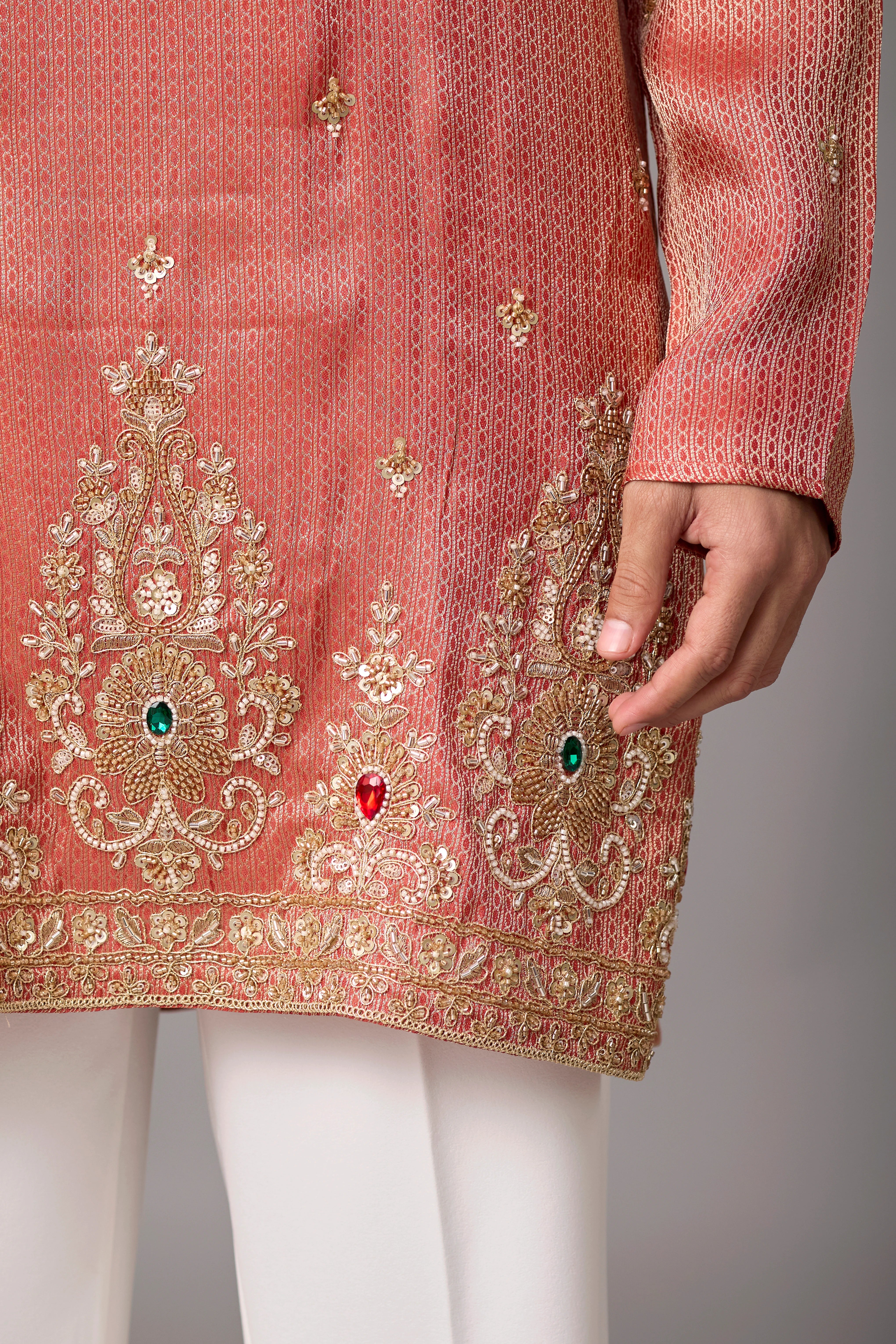 Coral Peach Regal Embroidered Kurta Set