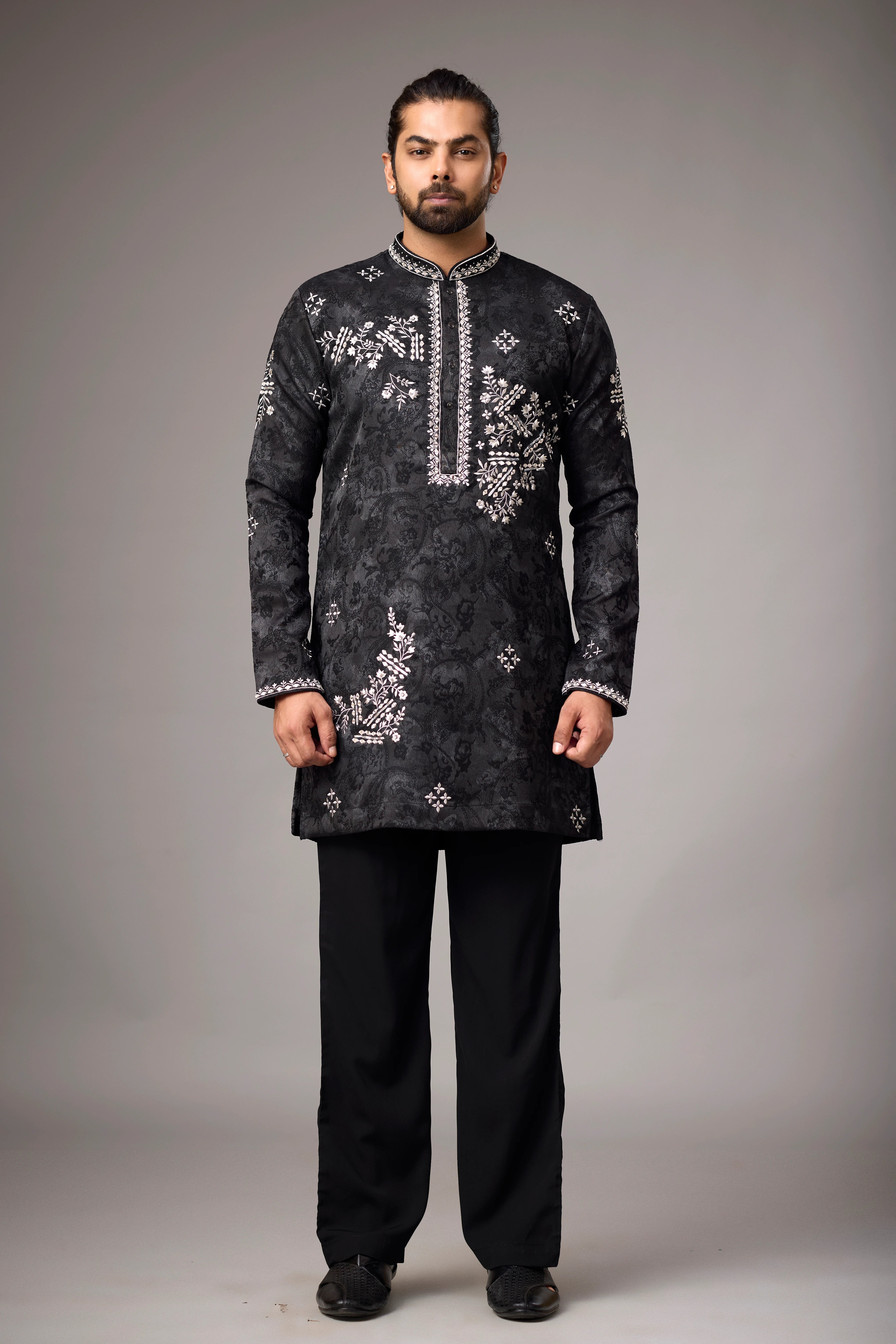 Midnight Black Floral Embroidered Kurta Set