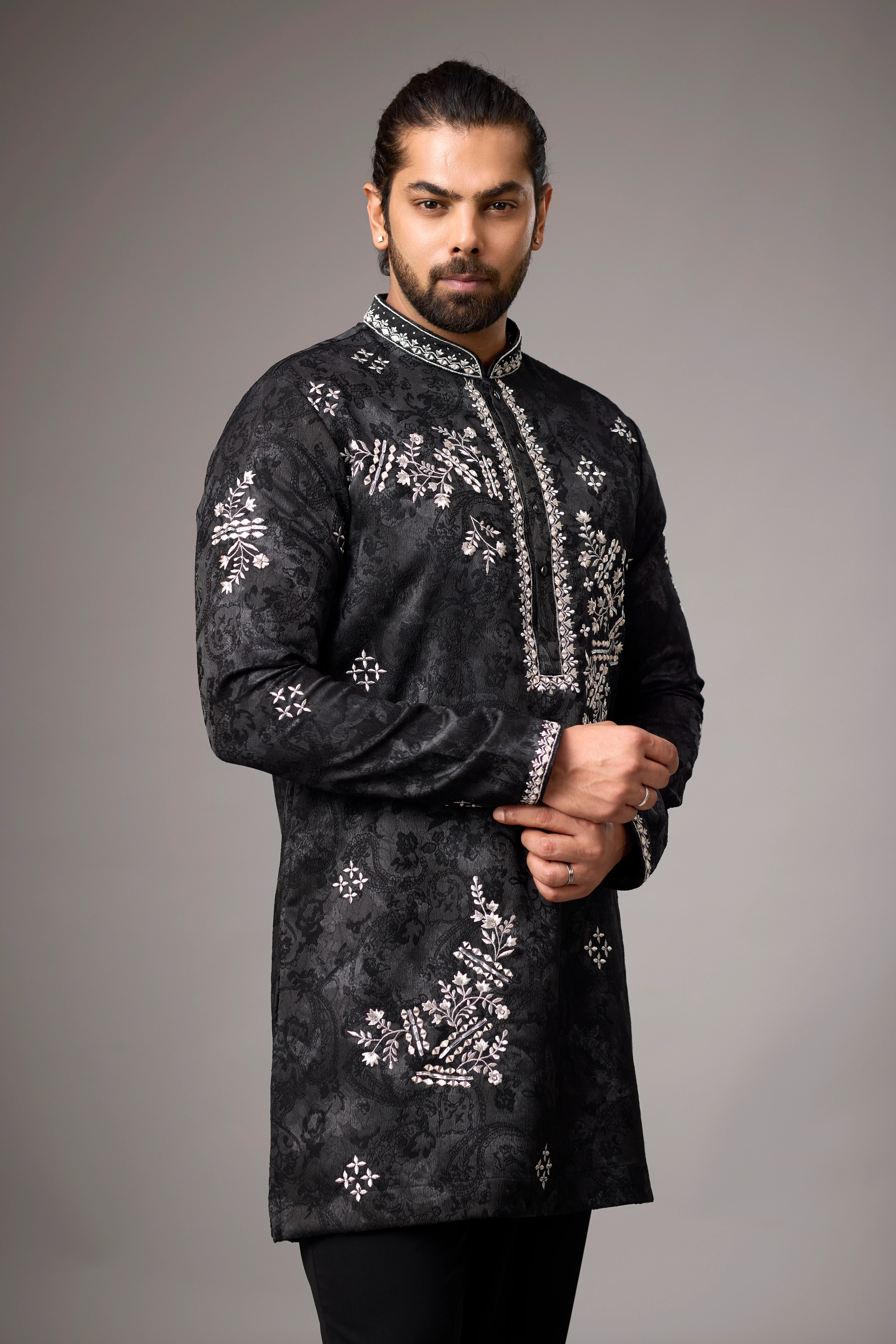 Midnight Black Floral Embroidered Kurta Set