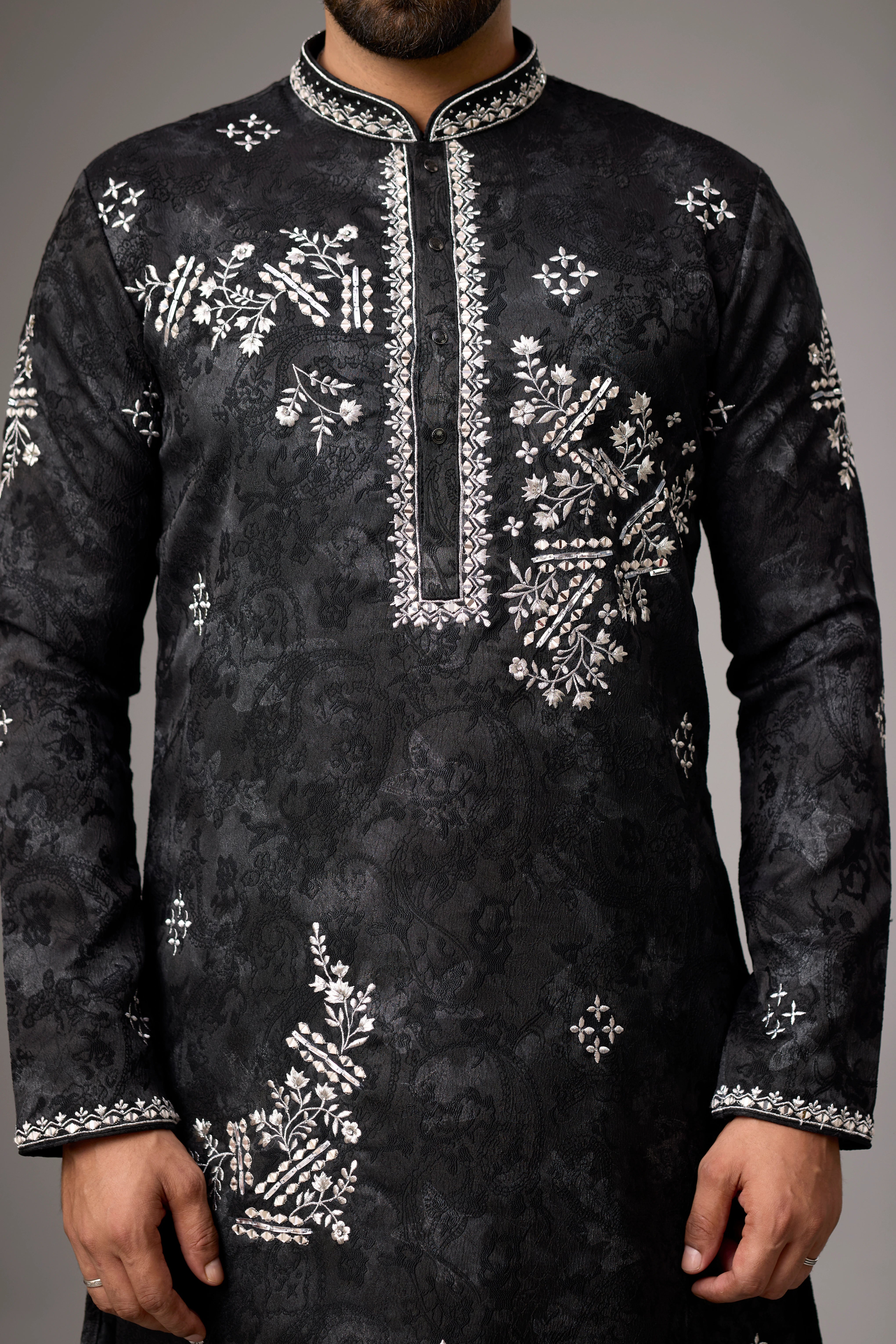 Midnight Black Floral Embroidered Kurta Set
