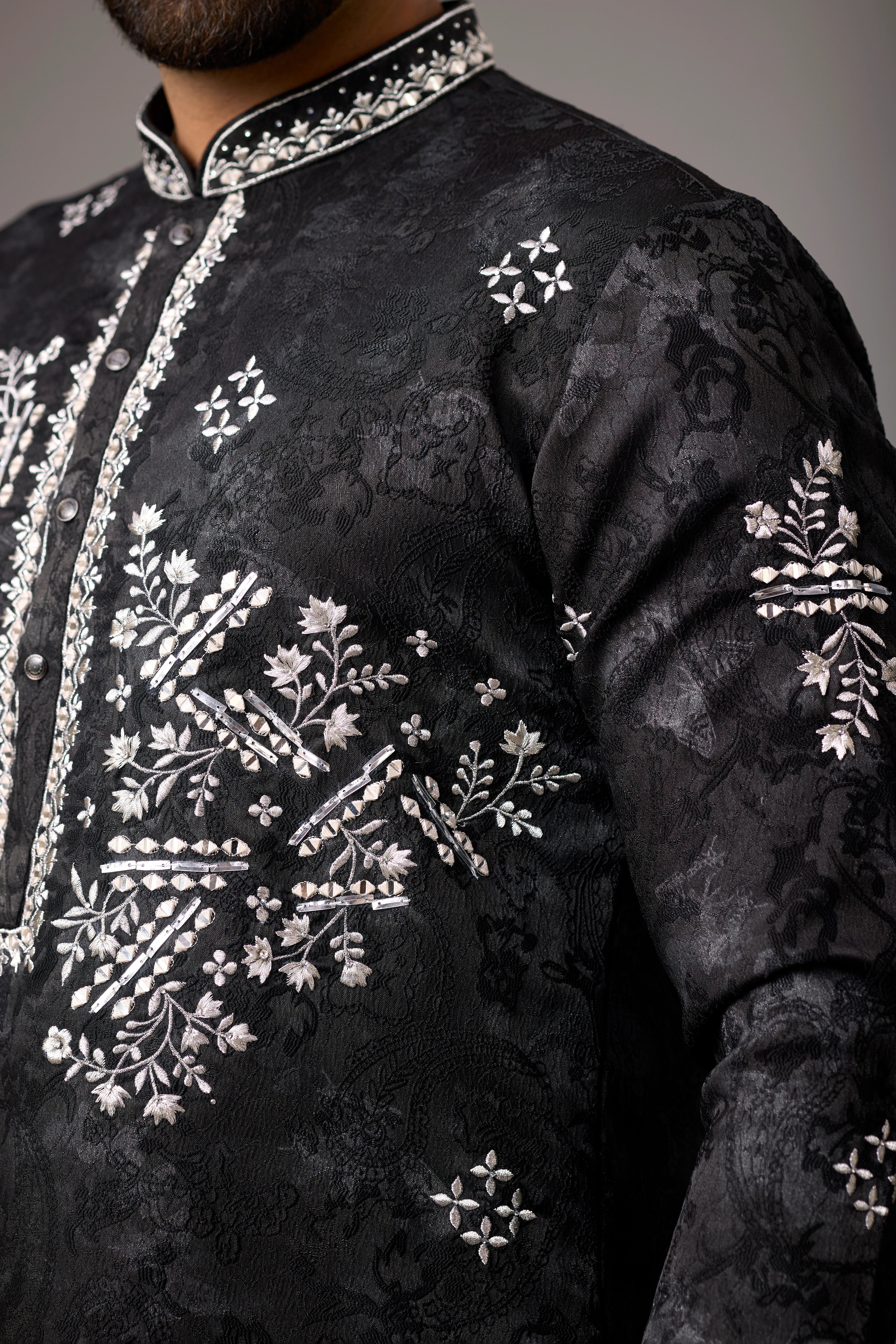 Midnight Black Floral Embroidered Kurta Set