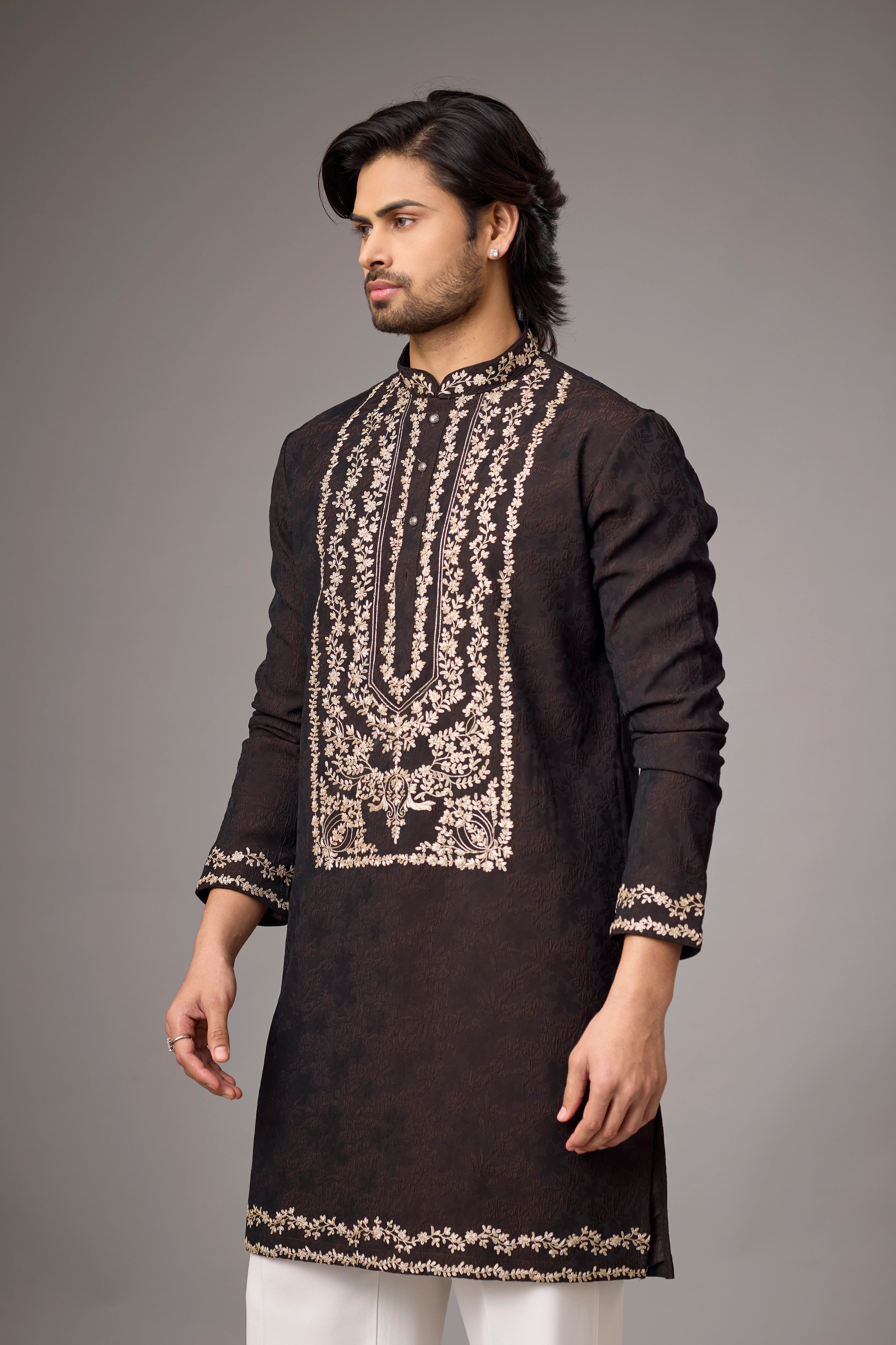 Dark Brown Floral Heritage Embroidered Kurta Set