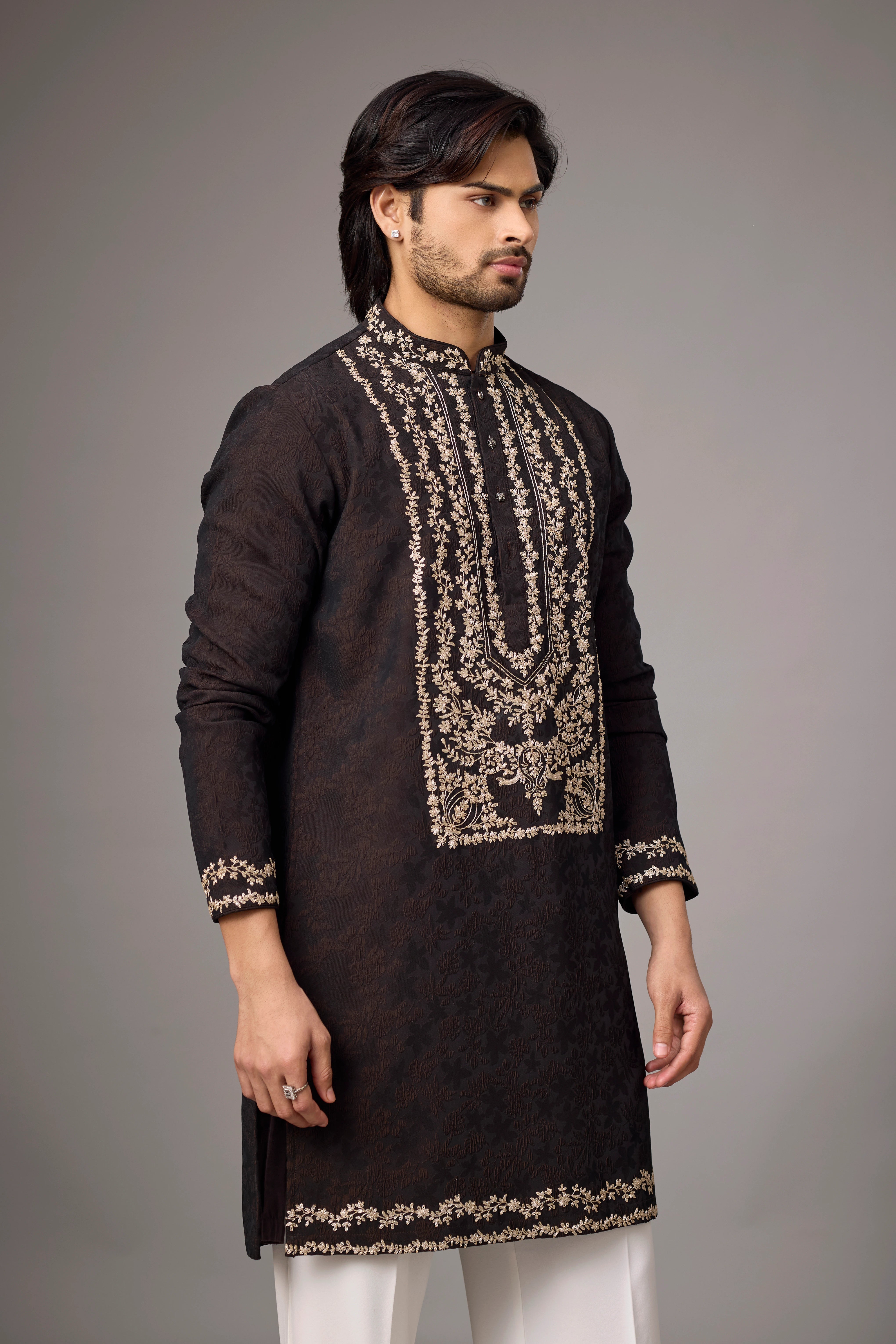 Dark Brown Floral Heritage Embroidered Kurta Set