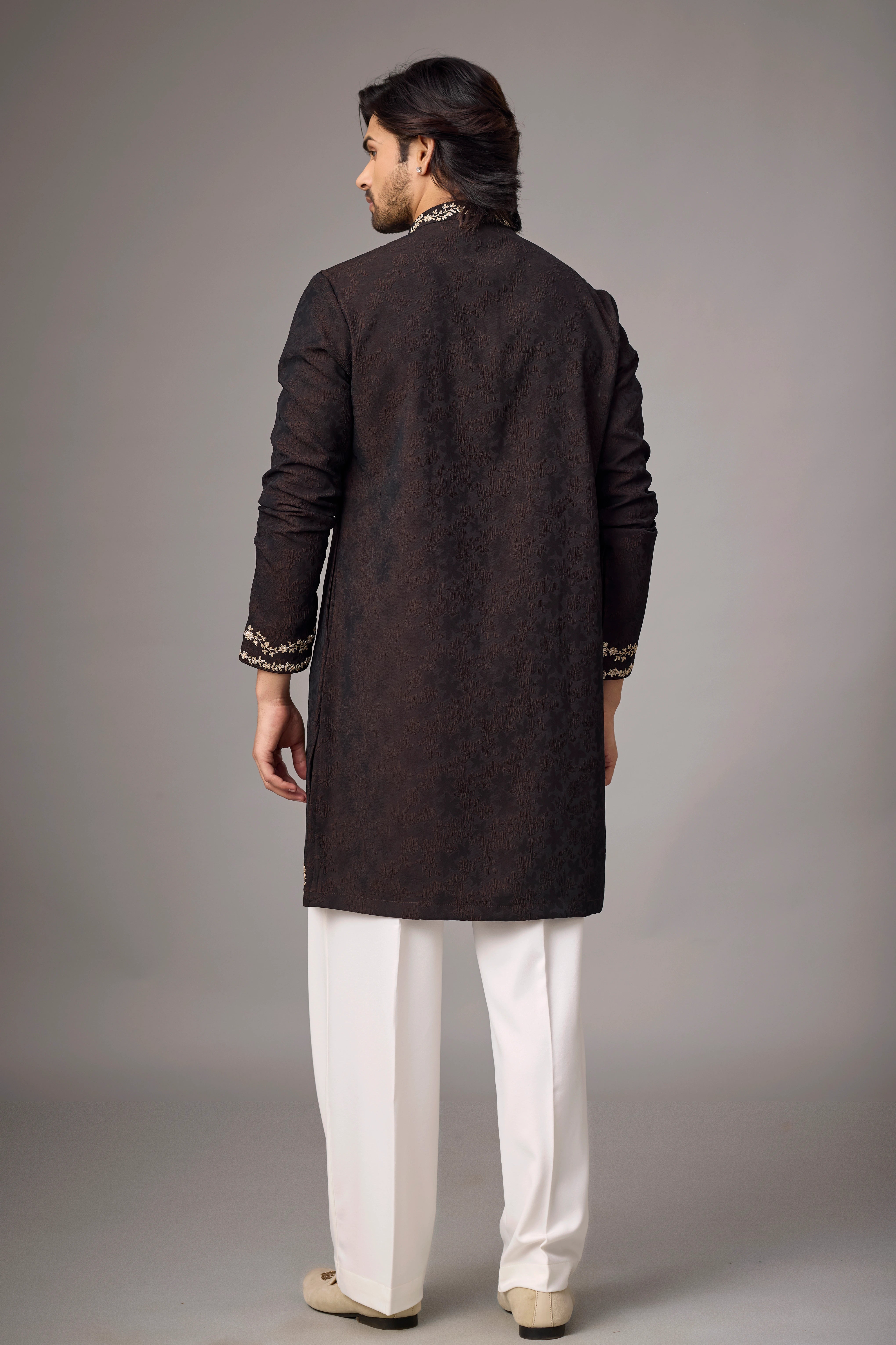 Dark Brown Floral Heritage Embroidered Kurta Set