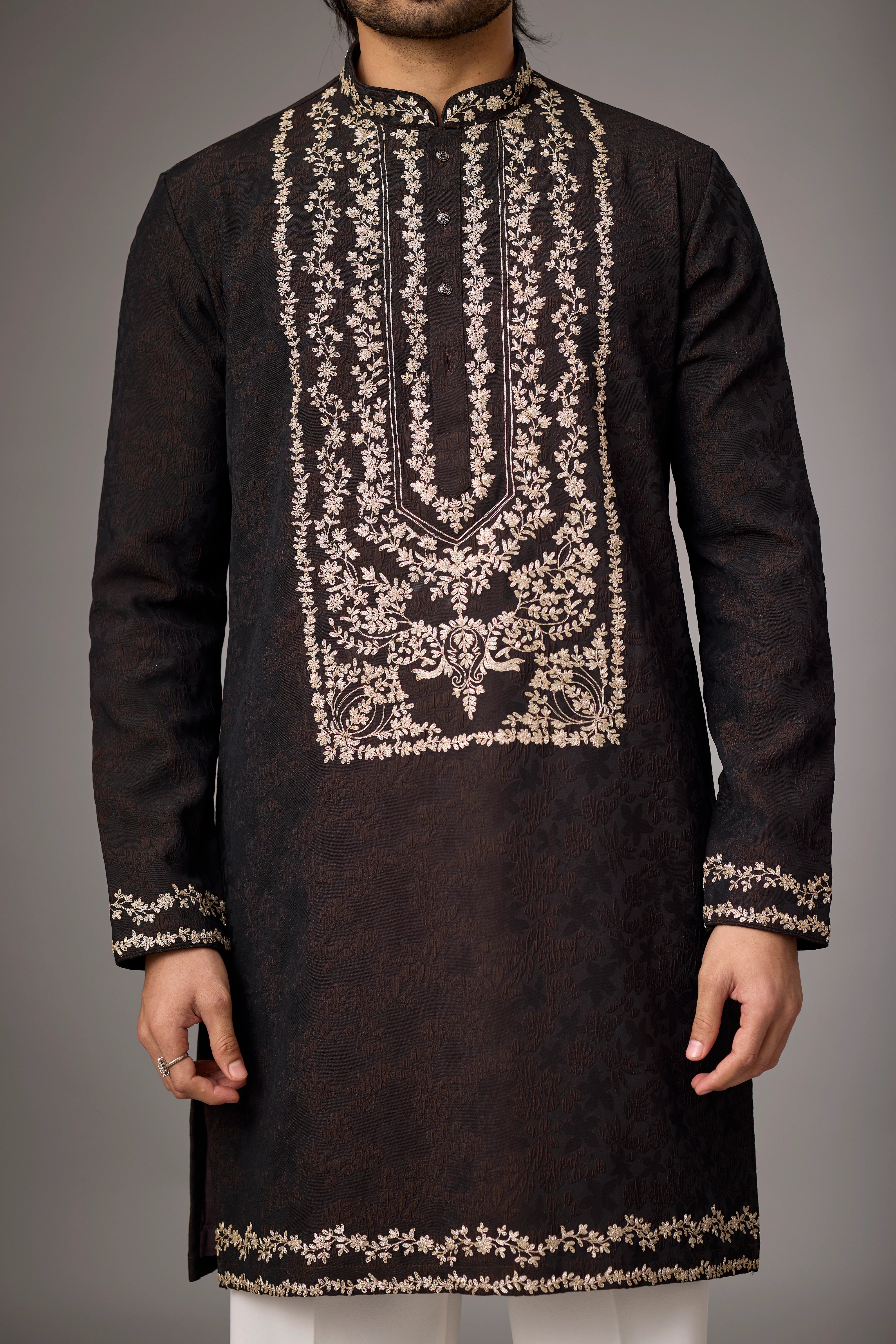 Dark Brown Floral Heritage Embroidered Kurta Set